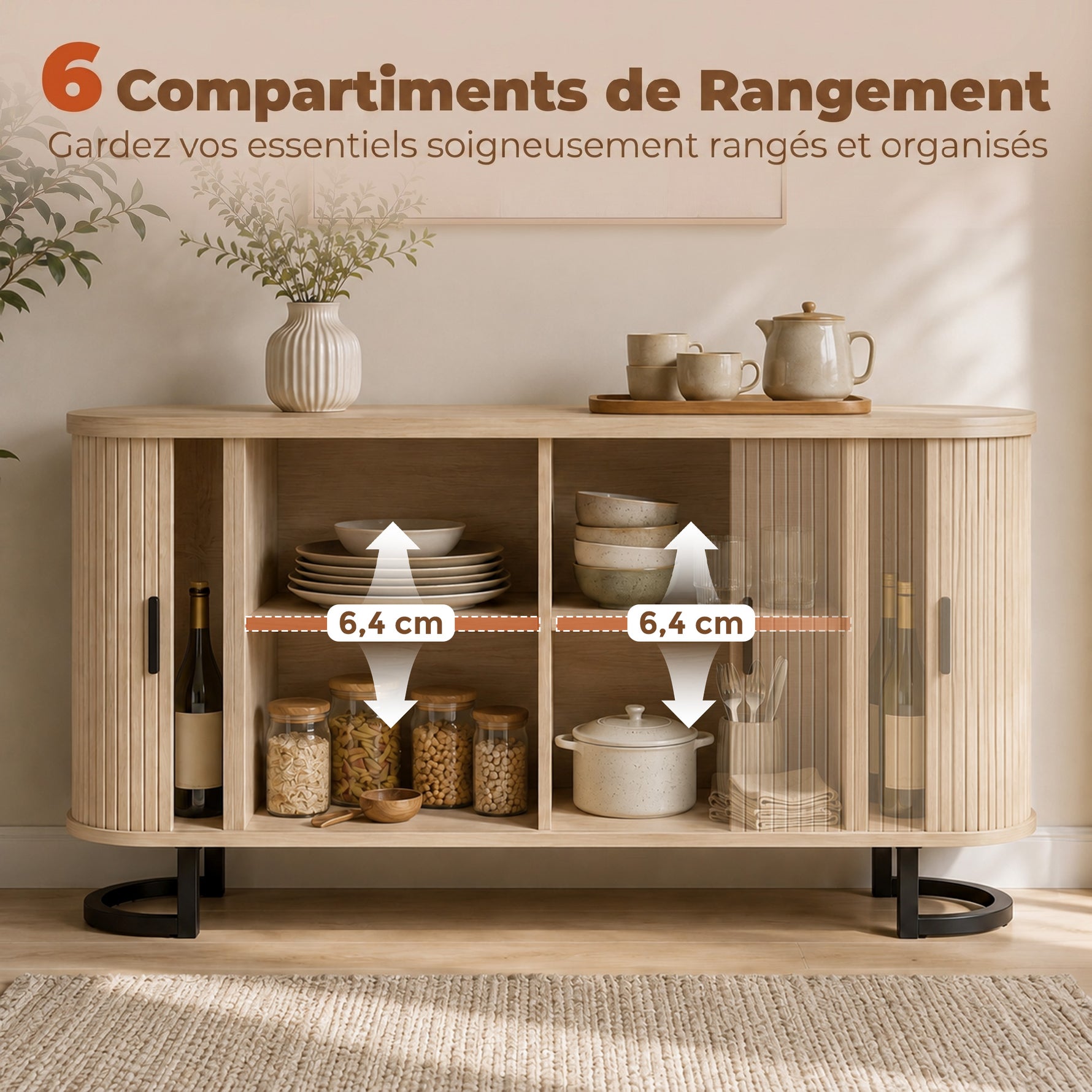 Buffet salon, meuble de rangement ovale avec 2 portes coulissantes et étagères réglables, 140x40x75cm, bois naturel