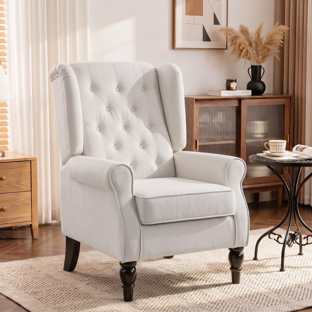 Fauteuil de Salon, Fauteuil d'Appoint Mid-Century Moderne en Flanelle Neige avec Haut Dossier Oreiller Capitonnée, Crème