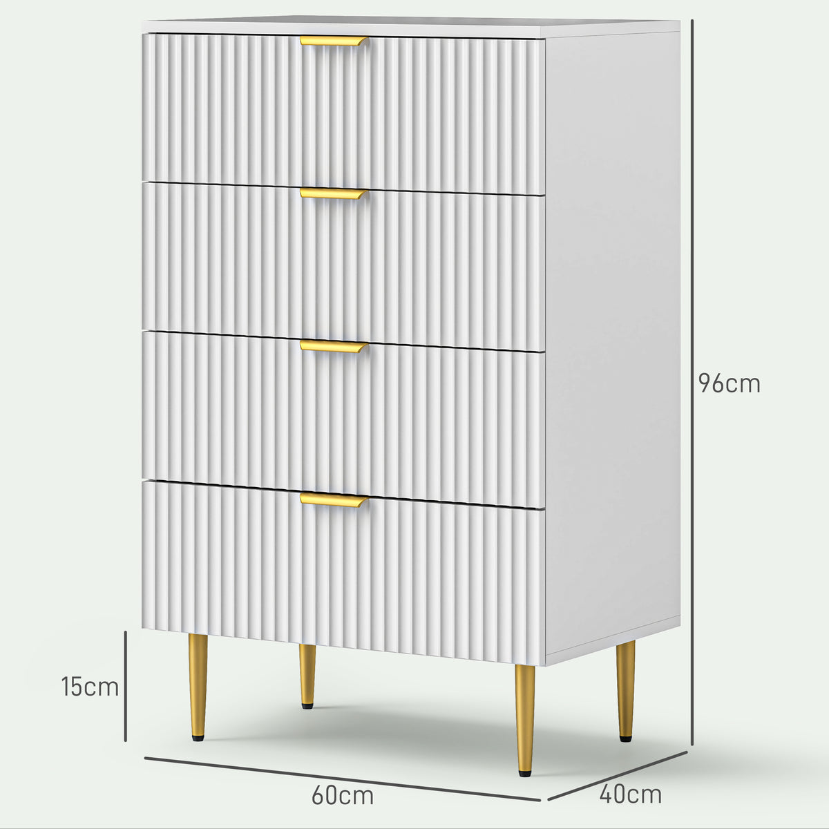 Commode 4 tiroirs commode chambre meuble de rangement moderne avec poignées et pieds dorés, dim. 60 x 40 x 96 cm, blanc