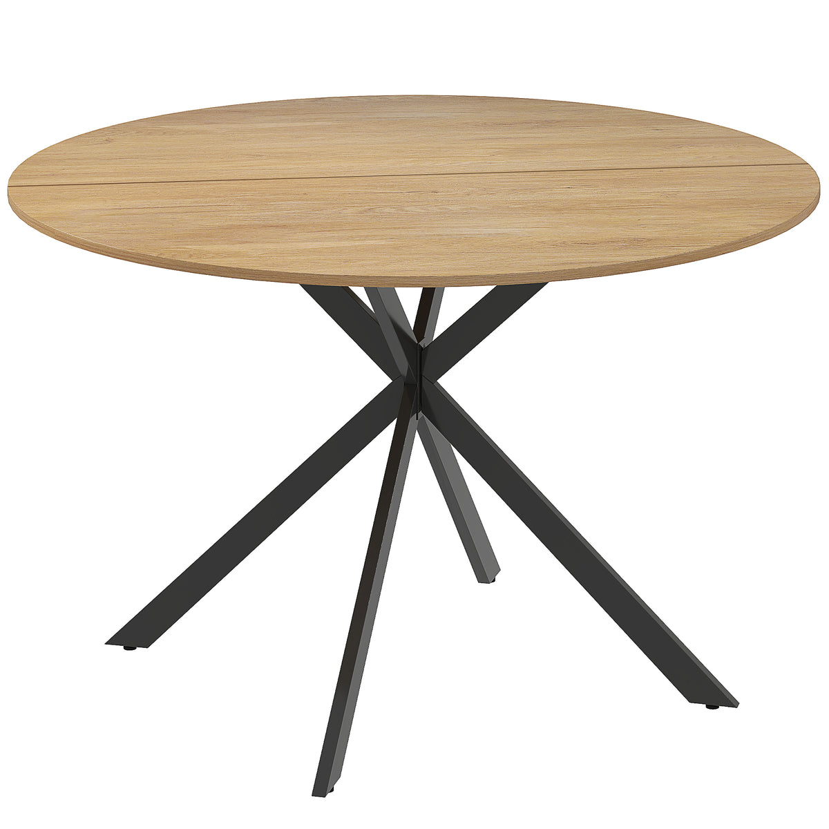 Table à manger ronde pour 4 personnes 120 cm style industriel avec plateau aspect bois, piètement croisé en acier, chêne