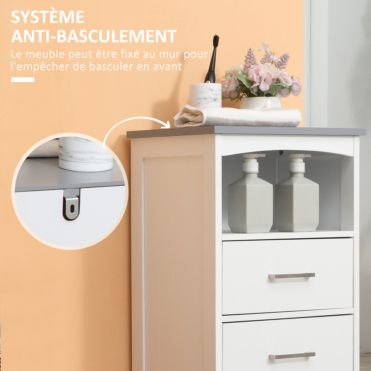 Meuble de salle de bain sur pied meuble de rangement avec 3 tiroirs et 1 niche 40 x 33 x 80 cm blanc