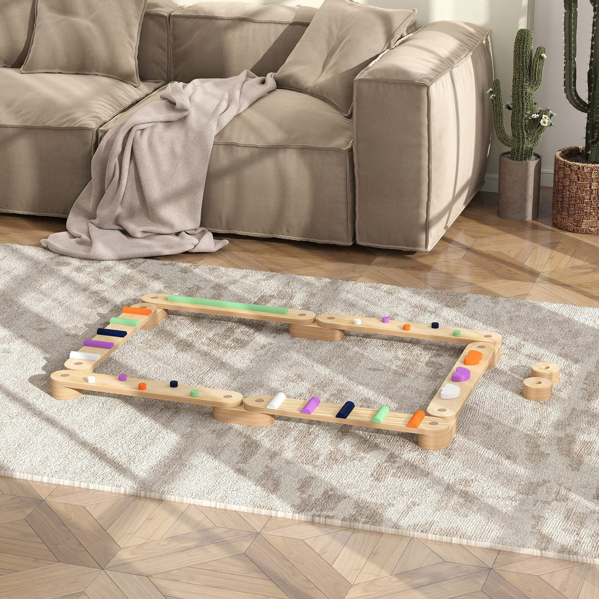 Viga de equilibrio de madera para niños de 3 a 8 años con piedras de obstáculos coloridas, interior y exterior