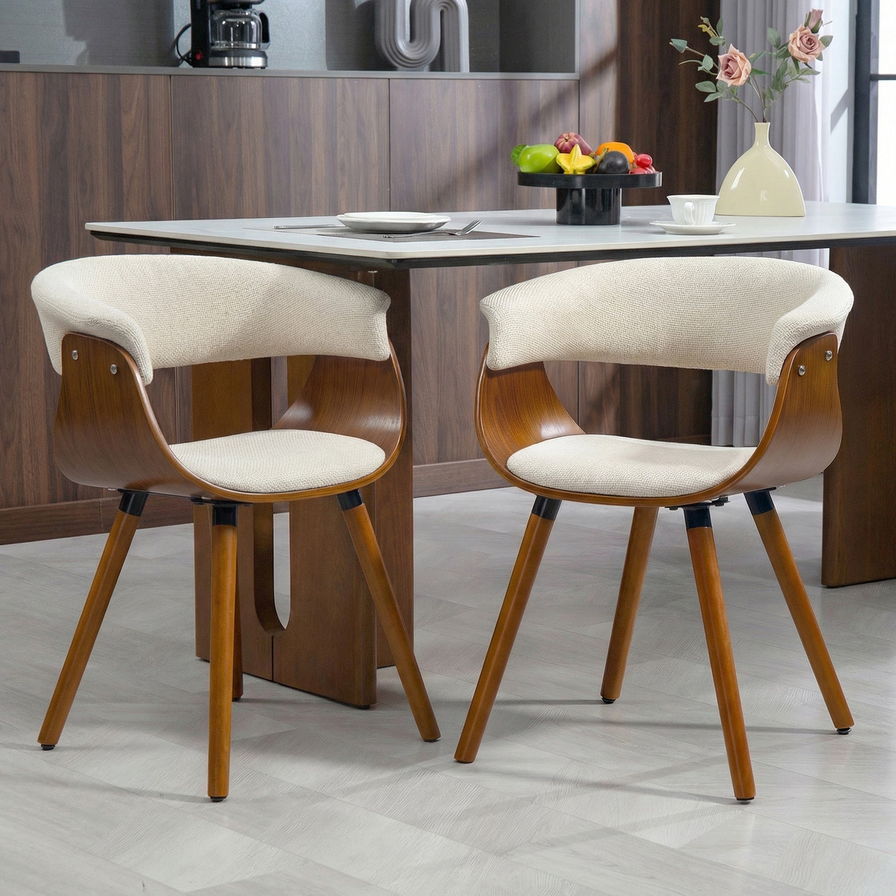 Lot de 2 chaises de salle à manger, chaises de cuisine rembourrées avec dossier incurvé et pieds en bois massif, beige