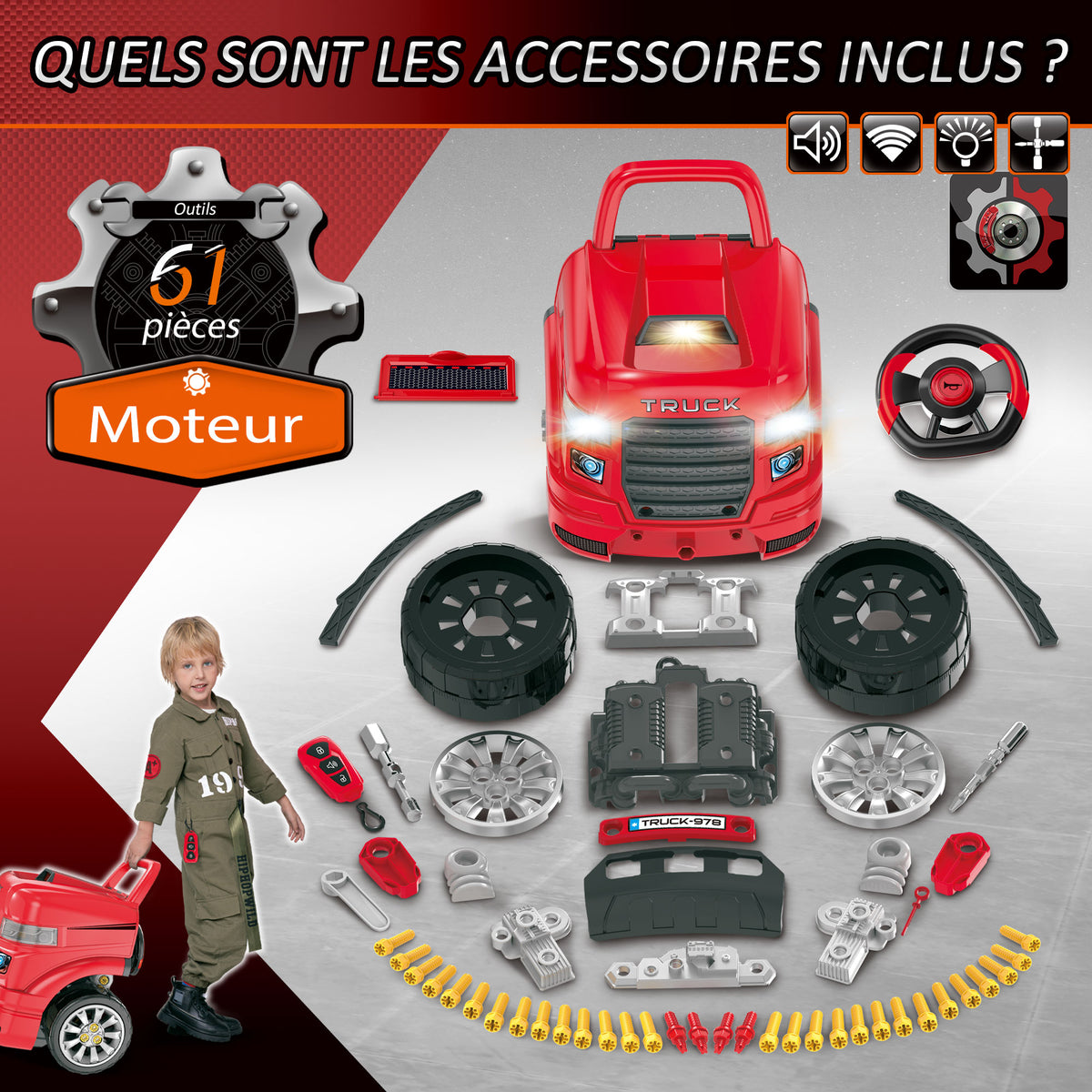 Camion mécano 2 en 1 - Jouet Bricolage Enfant - Établi Enfant - Jeu d'imitation mécanicien - Nombreux Accessoires Total de 61 pièces - Effets sonores et Lumineux - PP ABS Rouge