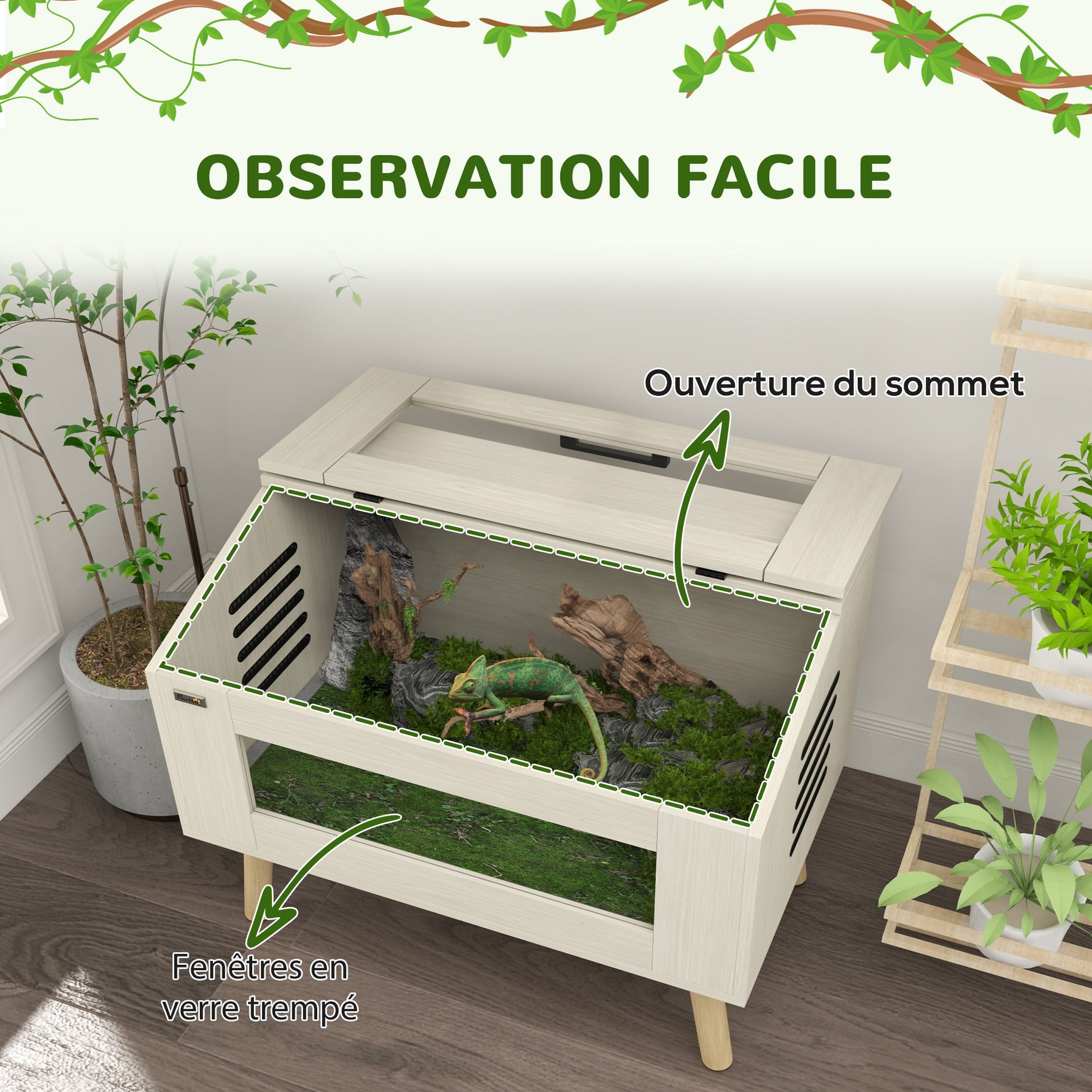 Terrarium pour reptiles, vivarium pour serpents 111L avec fenêtres en verre trempé, couvercle, 80 x 50 x 60 cm