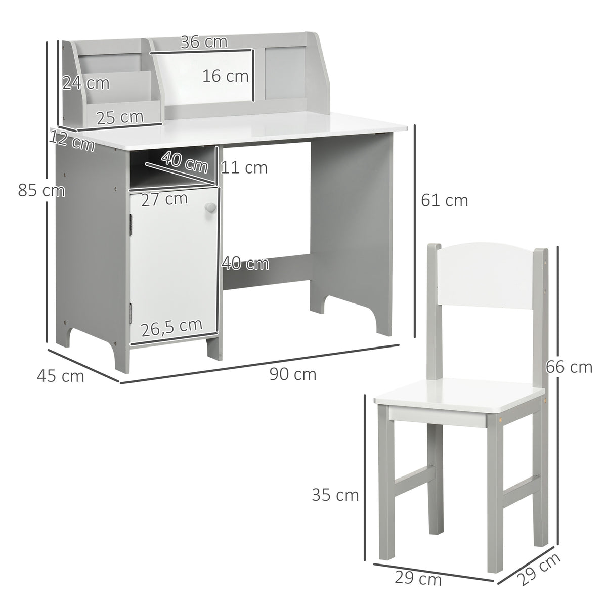 Ensemble table et chaise pour enfant avec tableau blanc - bureau pour enfant +5 ans - 90L x 45l x 85H cm Gris