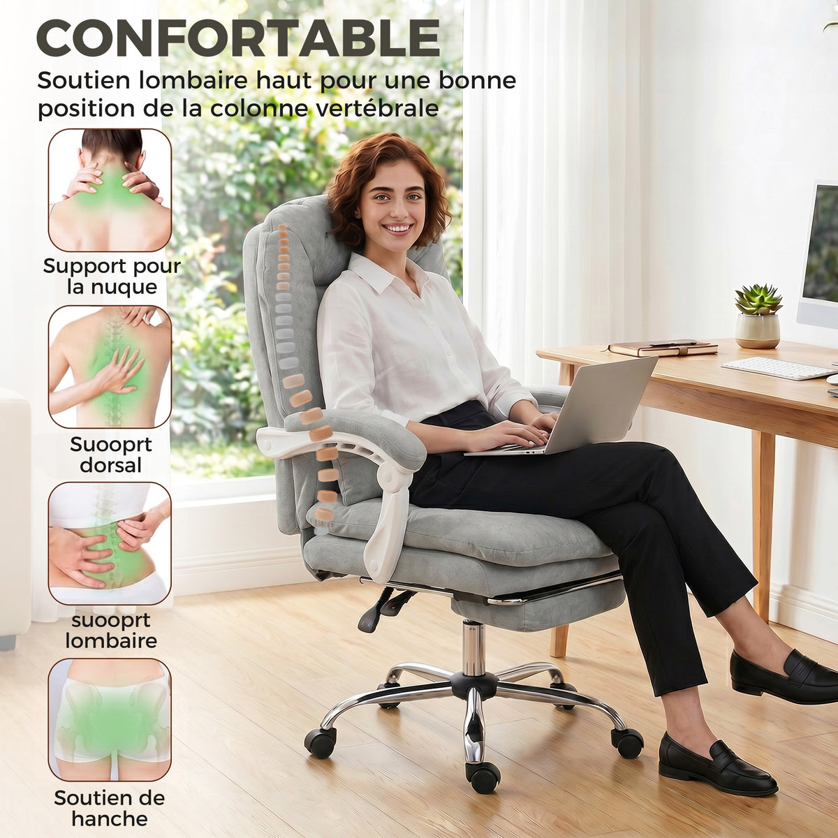 Chaise bureau ergonomique, fauteuil de bureau inclinable en velours avec support lombaire, hauteur réglable, gris clair