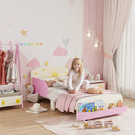 Lit enfant 70 x 140 cm, lit pour enfant avec barriere de securite et sommier à lattes, espace de rangement, rose