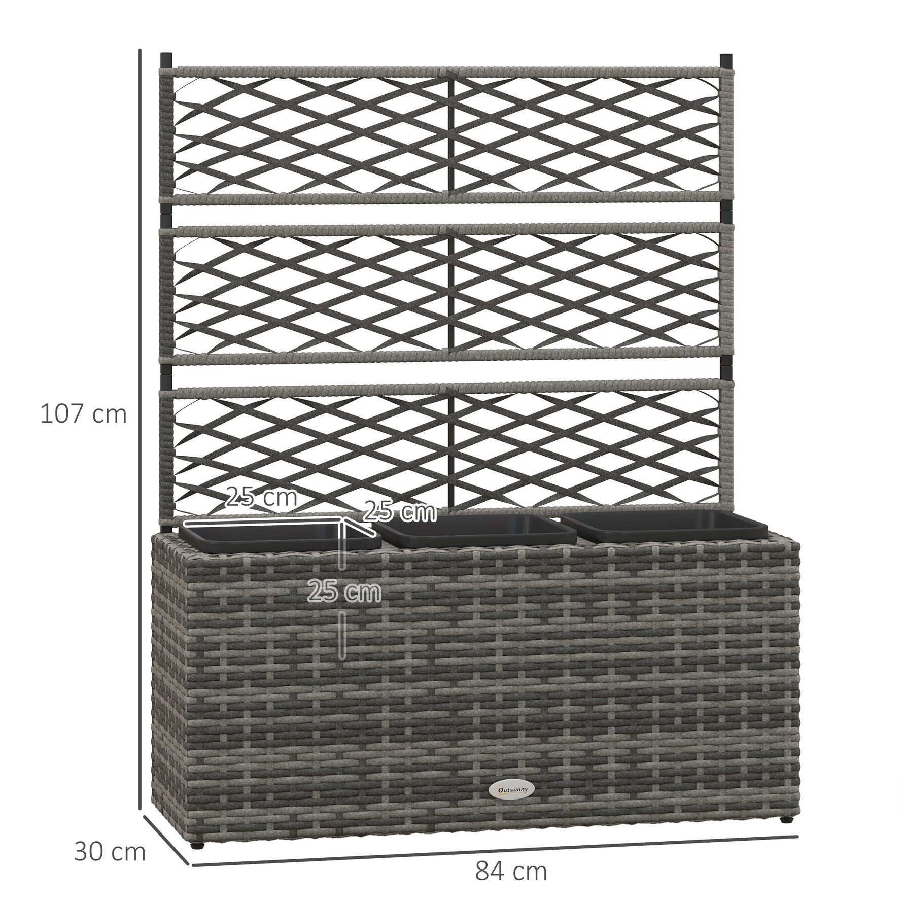 Jardinière pour plantes avec treillis 3 bacs à plante 33L en résine tressée et acier dim. 84L x 30L x 107H cm