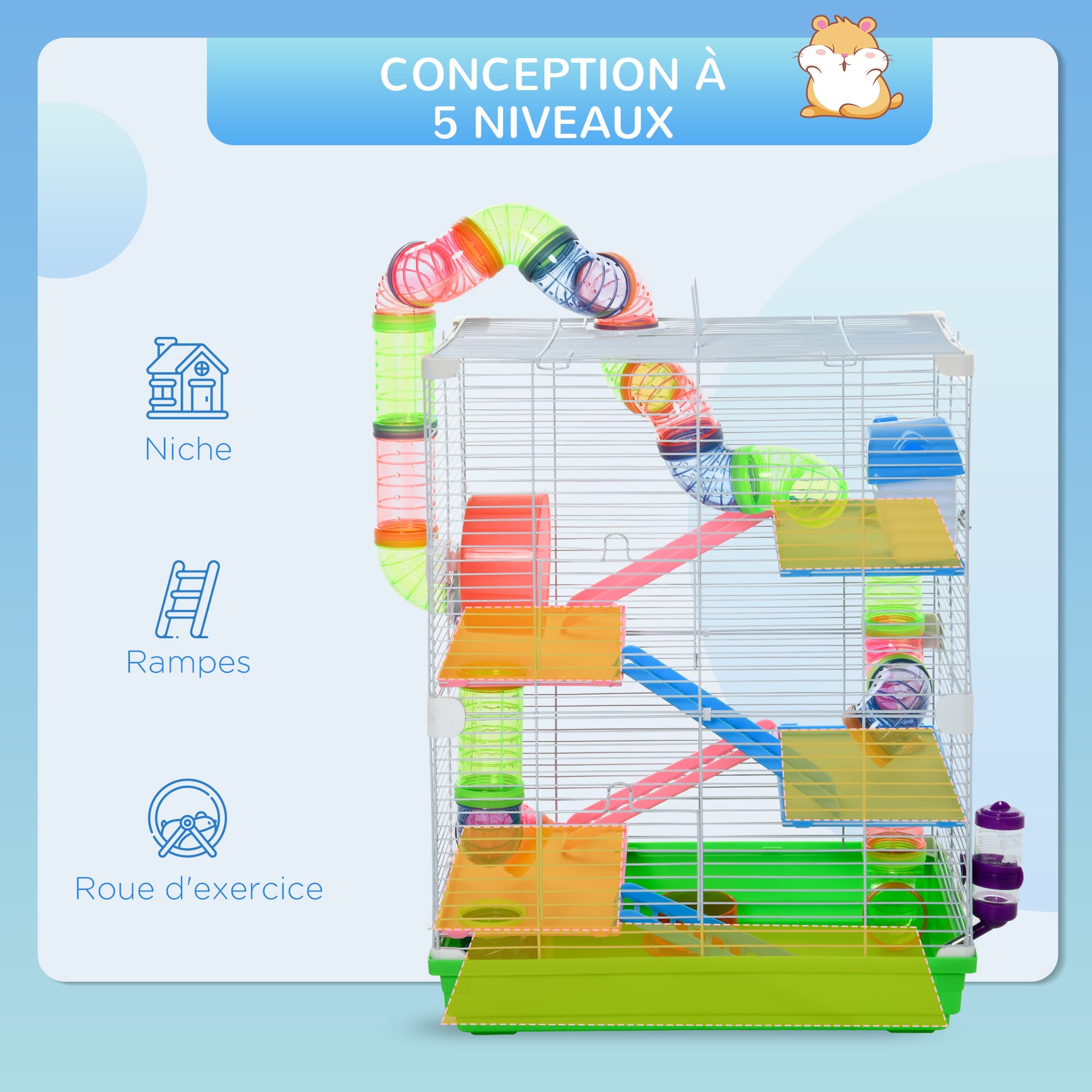 Cage pour hamster et gerbille à 5 étages, habitat sécurisé en grillage métallique avec tunnels, roue, maison et échelles, 46 x 30 x 58 cm, vert