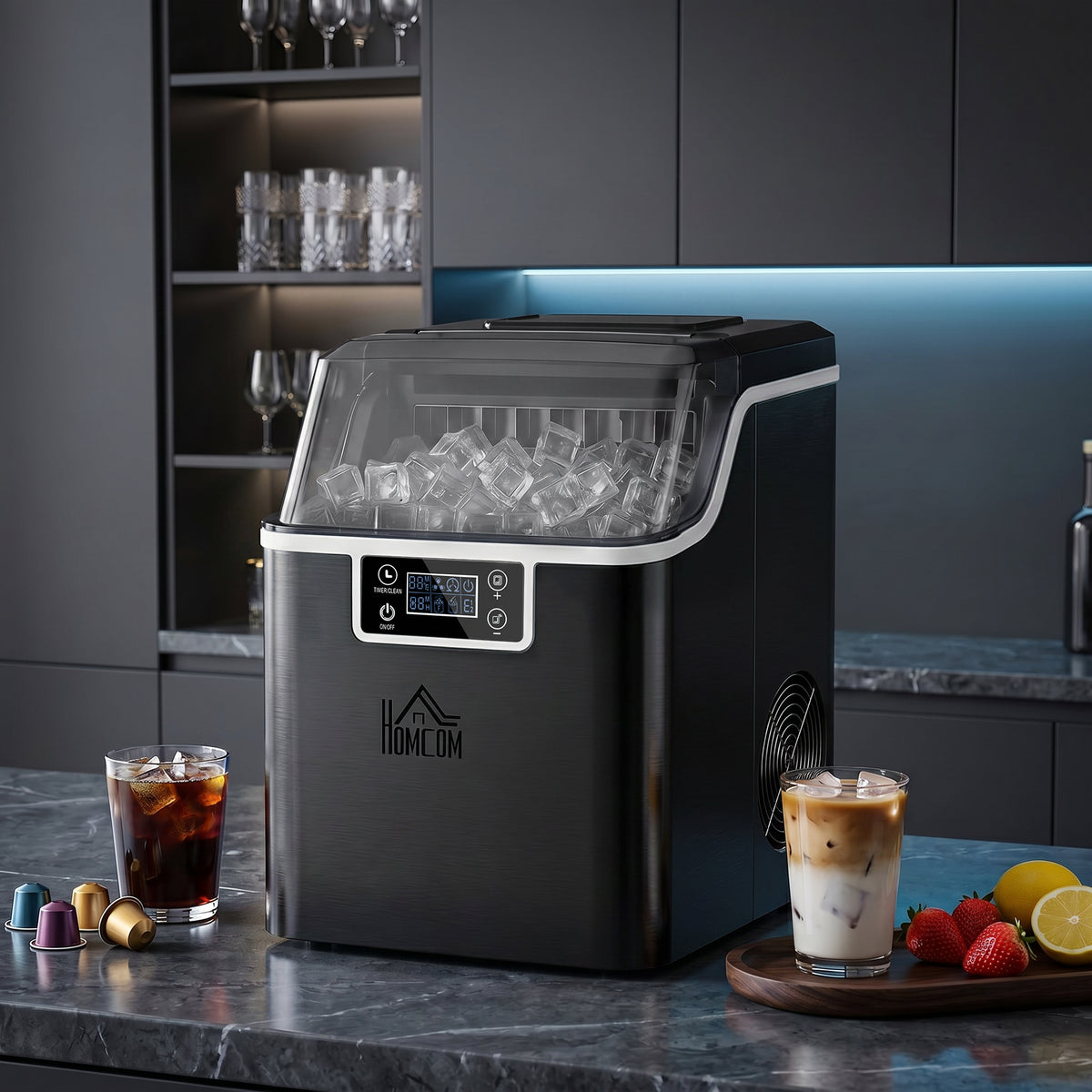 Macchina per il ghiaccio, 20 kg in 24h, 24 cubetti in 14-18 min, ice maker con funzione autopulente, 25,2x36x37,1cm, nero