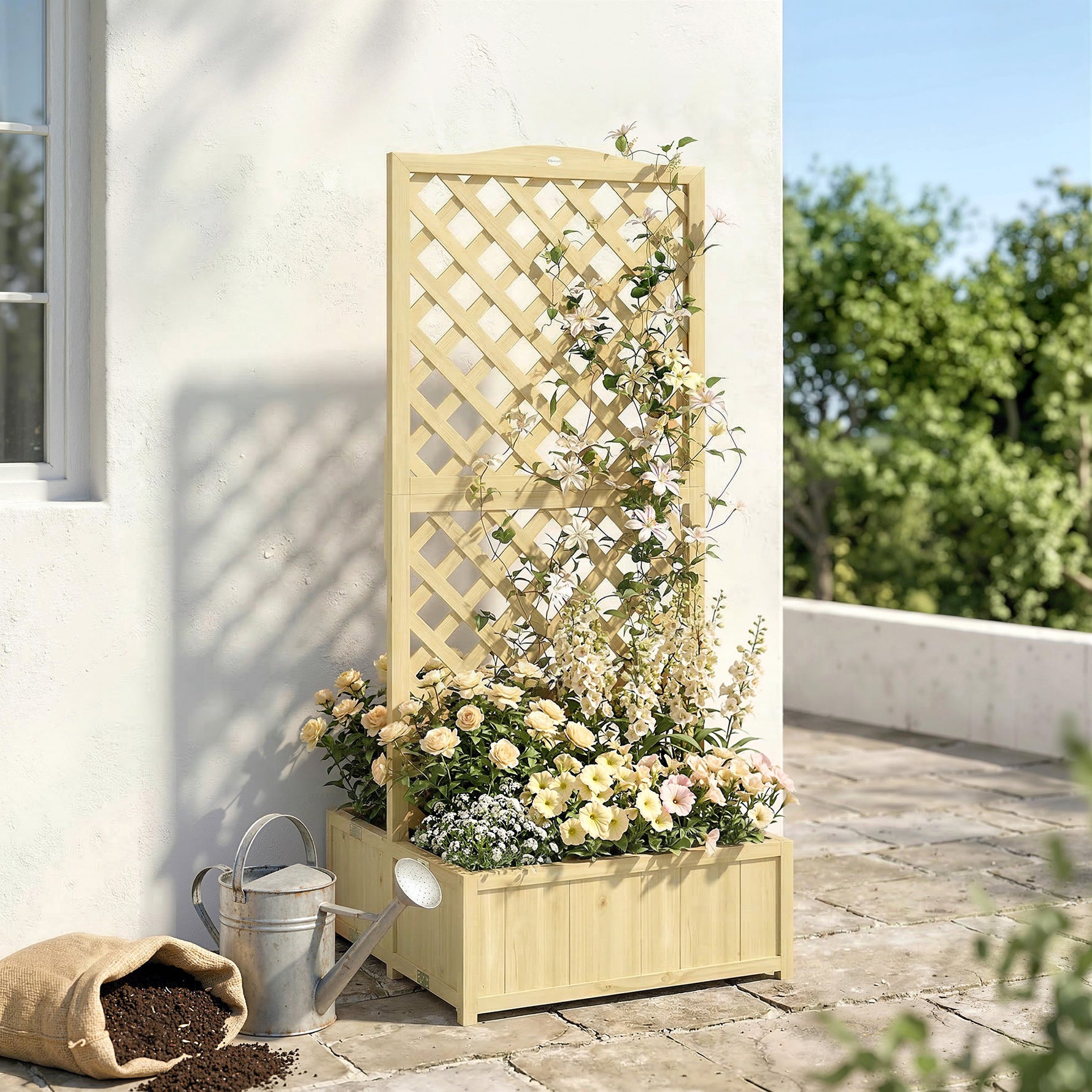 Jardinière avec Treillis Carré Potager Bois Pliable Double Bac à Fleurs pour Plantes Grimpantes 73 x 70 x 170 cm Naturel