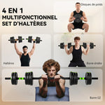 Kit haltères musculation haltères réglables 20 kg 3 en 1, ensemble de poids réglable avec barre d'extension noir