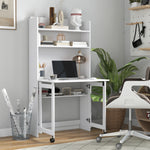 Bureau informatique avec étagères de rangement plateau rabattable 2 roulettes pour chambre salon 80 x 69 x 155 cm blanc