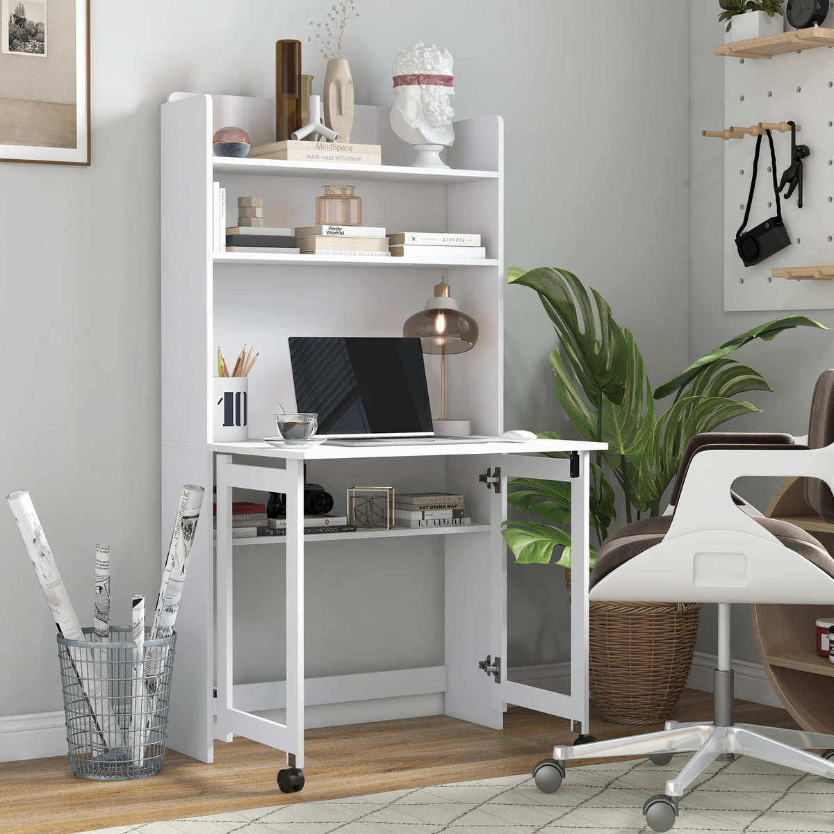 Bureau informatique avec étagères de rangement plateau rabattable 2 roulettes pour chambre salon 80 x 69 x 155 cm blanc