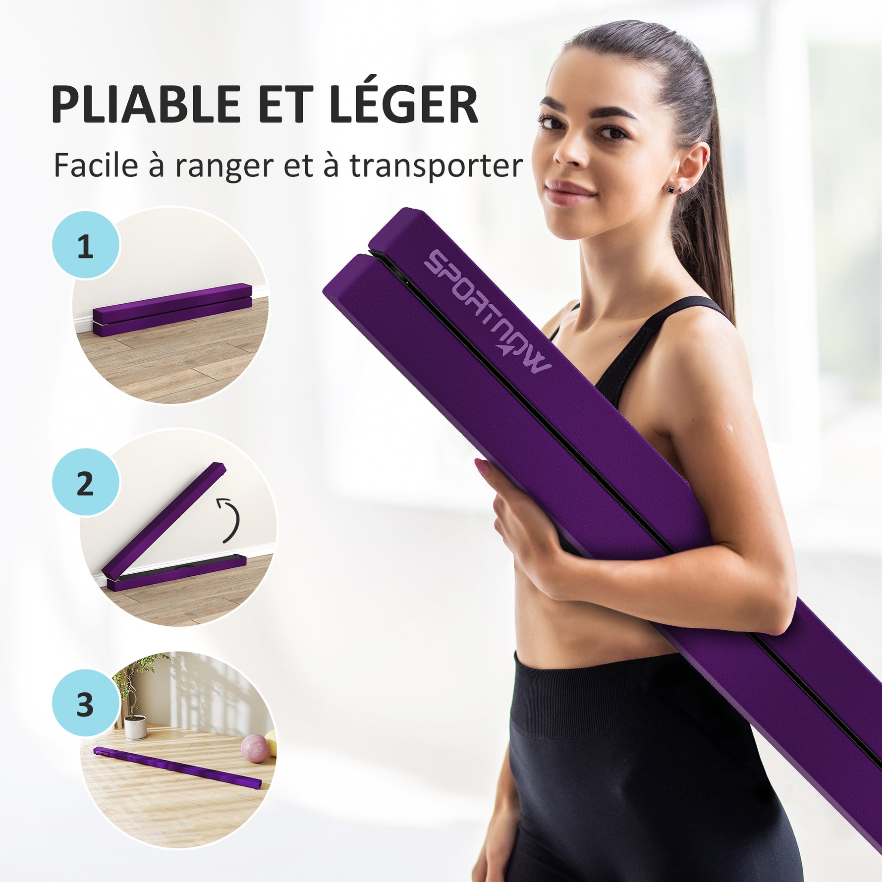 Poutre gymnastique pliable 210 cm en velours, poutre d'équilibre avec fond antidérapant, pour enfants et adultes, violet