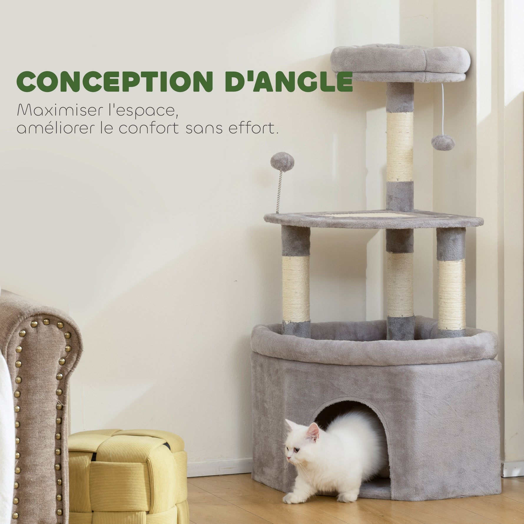 Arbre à chat tour de jeux pour chats griffoirs sisal, plate-forme, niche, tissu peluche, balles, 49x49x114cm gris clair