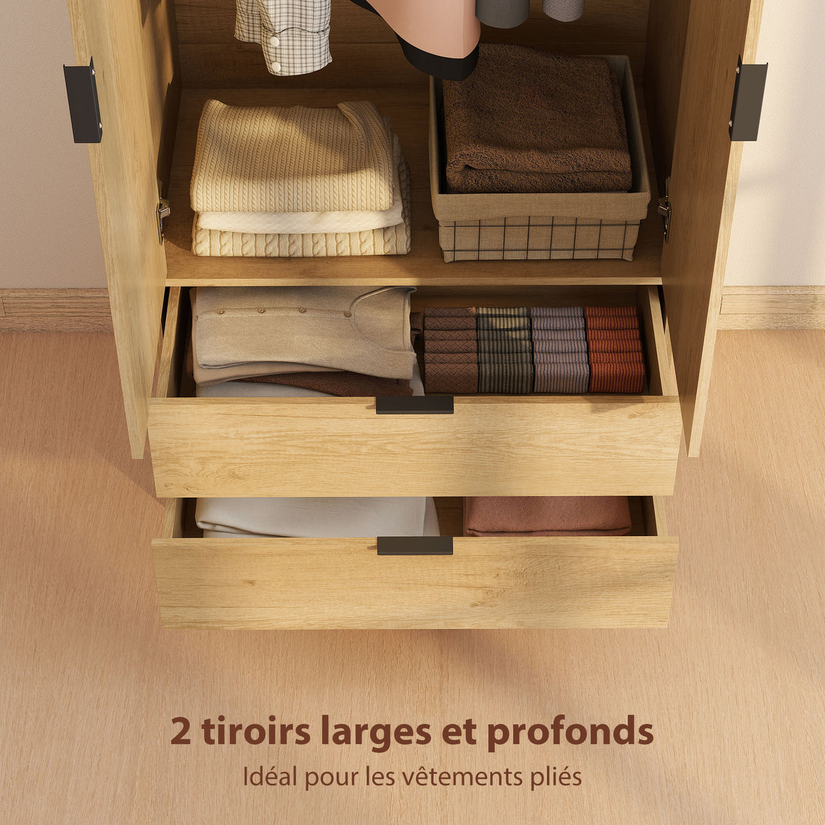 Armoire chambre penderie avec 2 portes à fermeture douce, 2 tiroirs et barre de suspension, 80x50x180cm, bois naturel