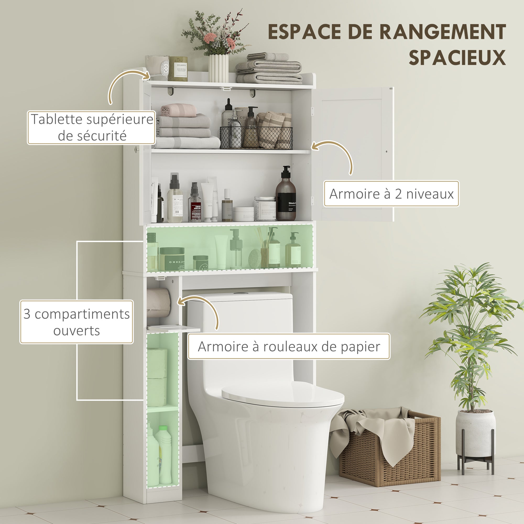 Mobiletto WC sopra water o lavatrice, 2 ante, 3 scomparti, porta carta igienica, 80x19,5x170cm, bianco
