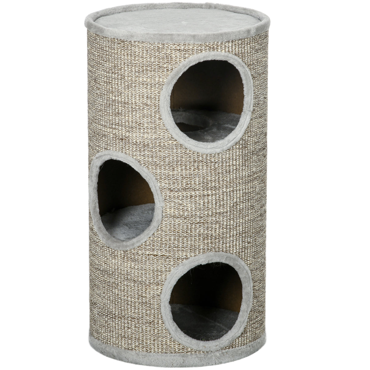 Tonneau à gratter pour chat, tour à griffer en sisal à 3 niveaux recouvert de peluche, Ø 38 x 70 cm, gris