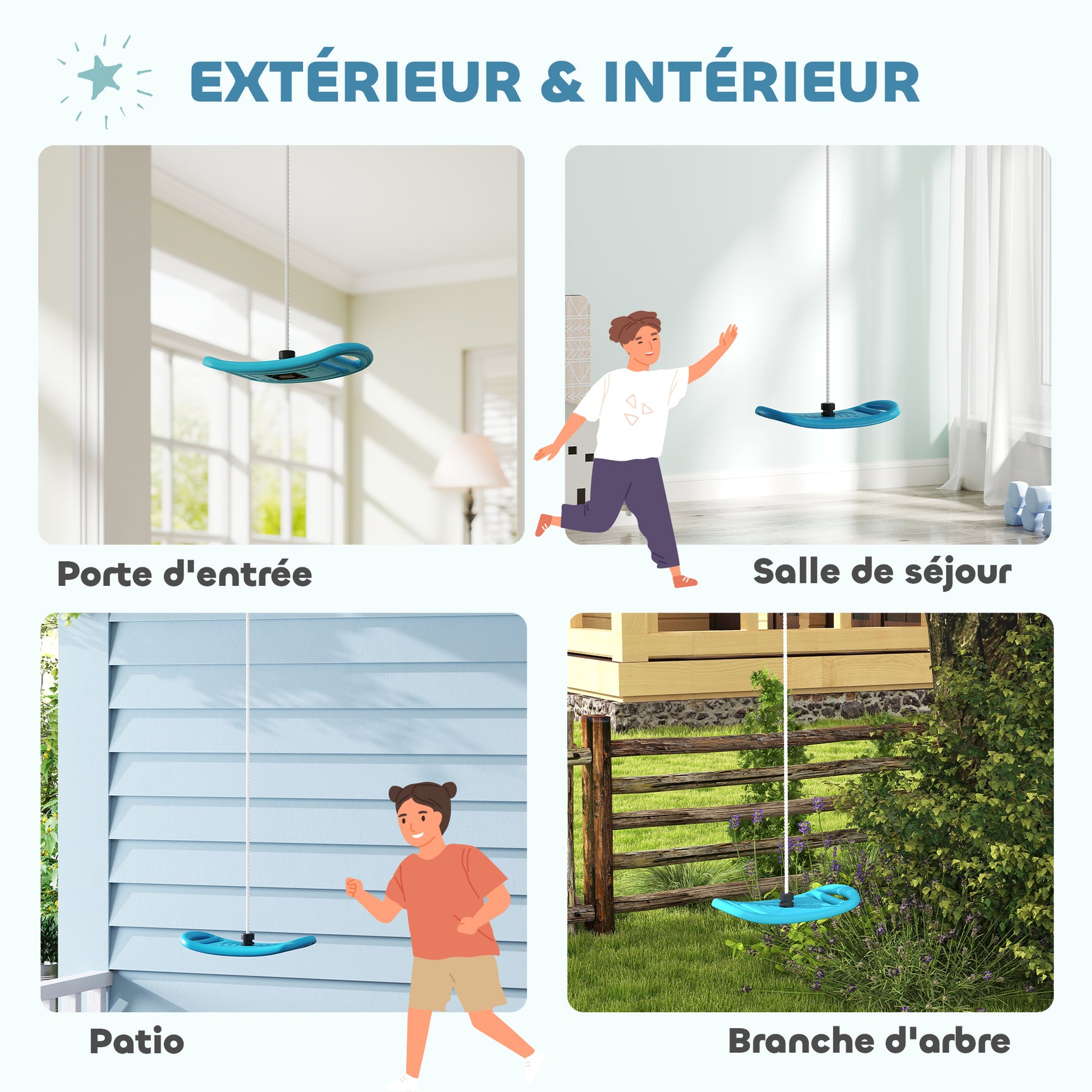 Balançoire enfant extérieur et intérieur avec corde réglable, mousqueton, charge max. 70 kg, bleu
