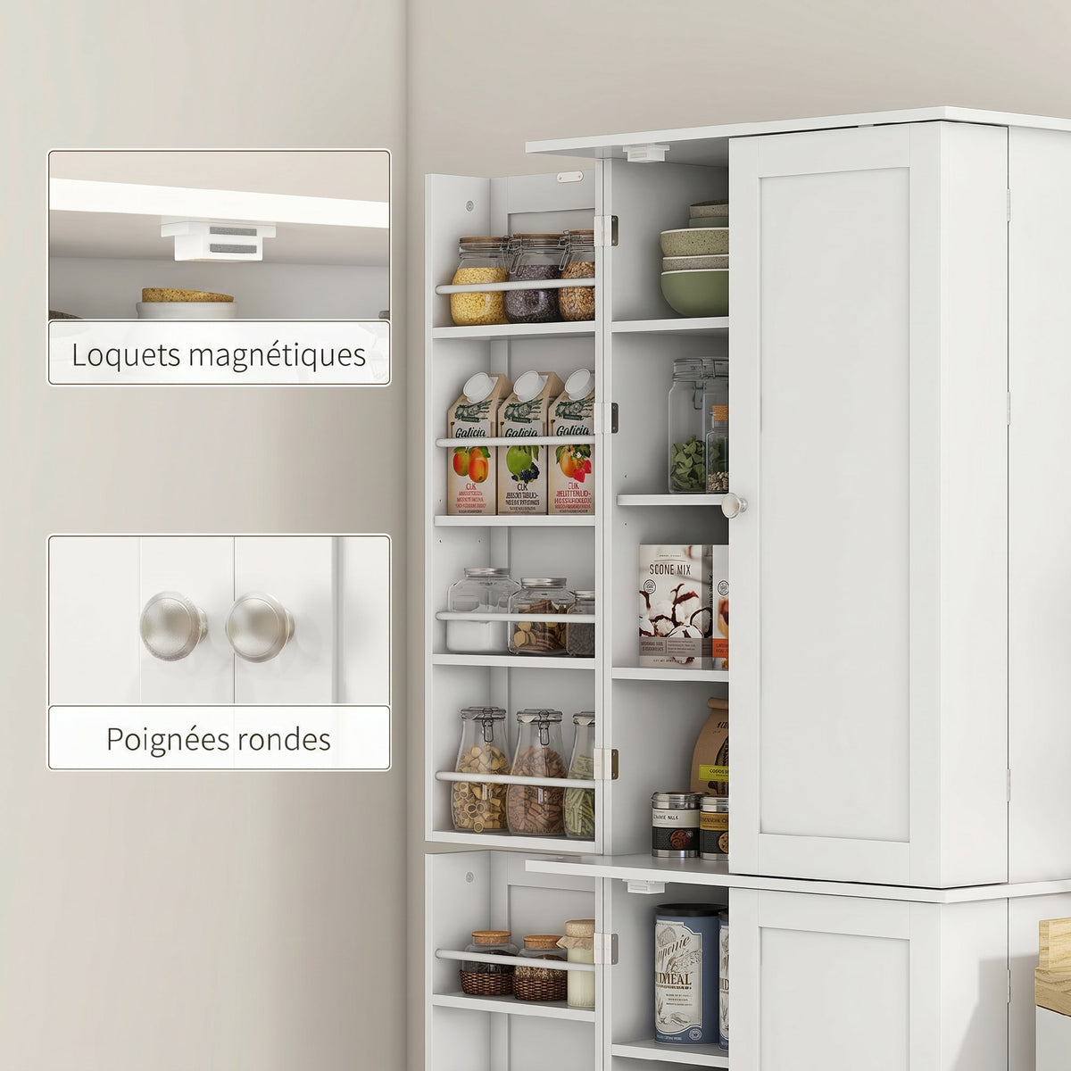 Credenza da cucina mobiletto con armadietti, ripiano regolabile e portaspezie, 60 x 35 x 166 cm, bianco
