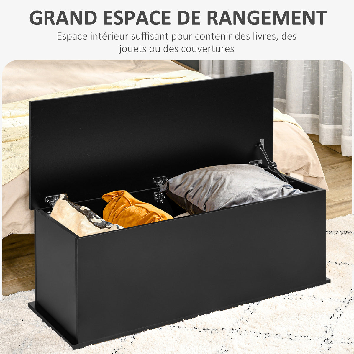 Coffre de rangement coffre à jouets grande capacité de rangement charnière verrouillée  en bois 100 x 40 x 40 cm noir