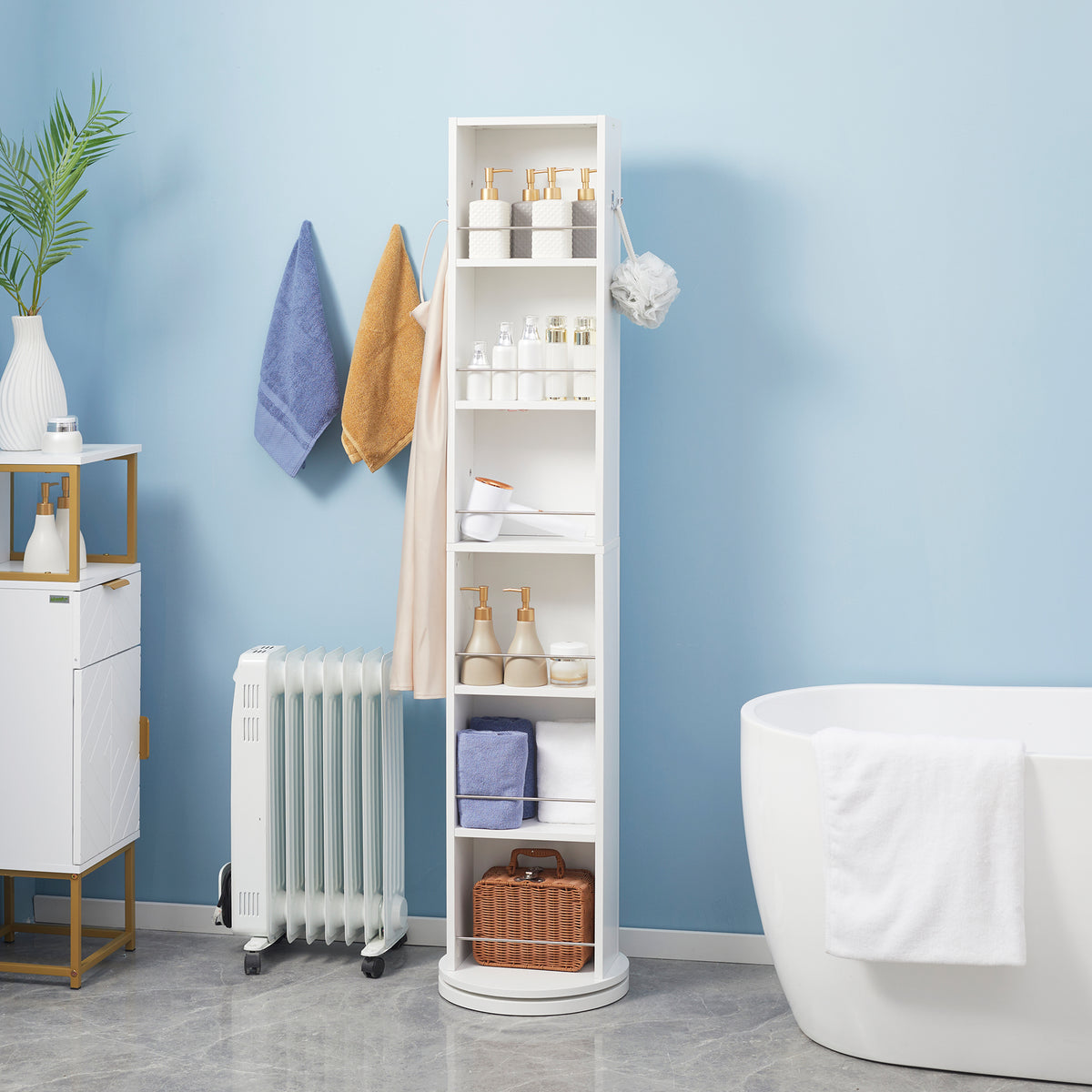 Meuble colonne de salle de bain pivotant avec miroir 6 étagères 36 x 36 x 171 cm blanc
