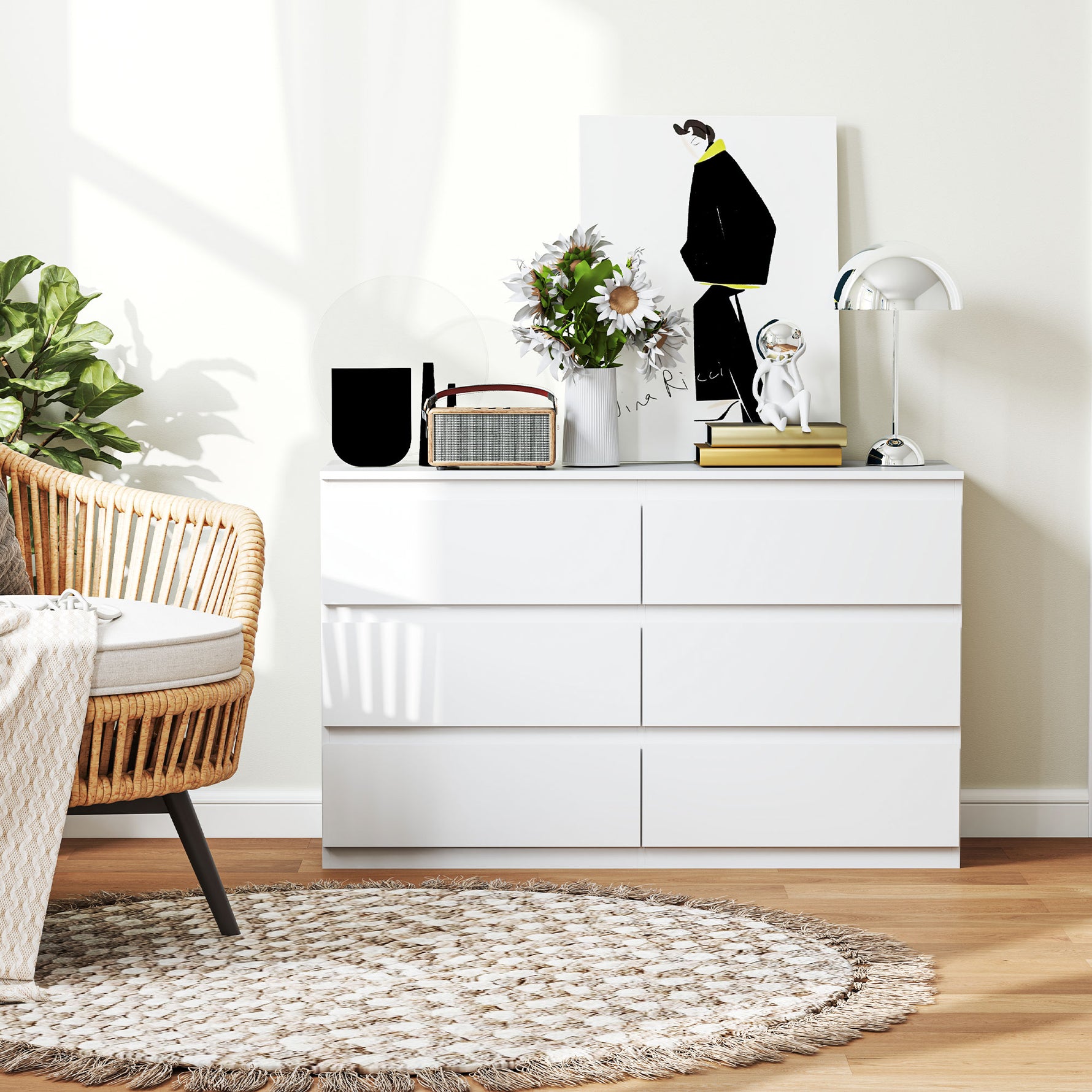Commode 6 tiroirs meuble de rangement sans poignées design minimaliste 120 x 39 x 75 cm blanc