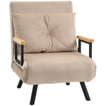 Fauteuil convertible 3 en 1 lit 1 place dossier 5 positions, accoudoirs en bois et coussin, tissu effet velours, beige