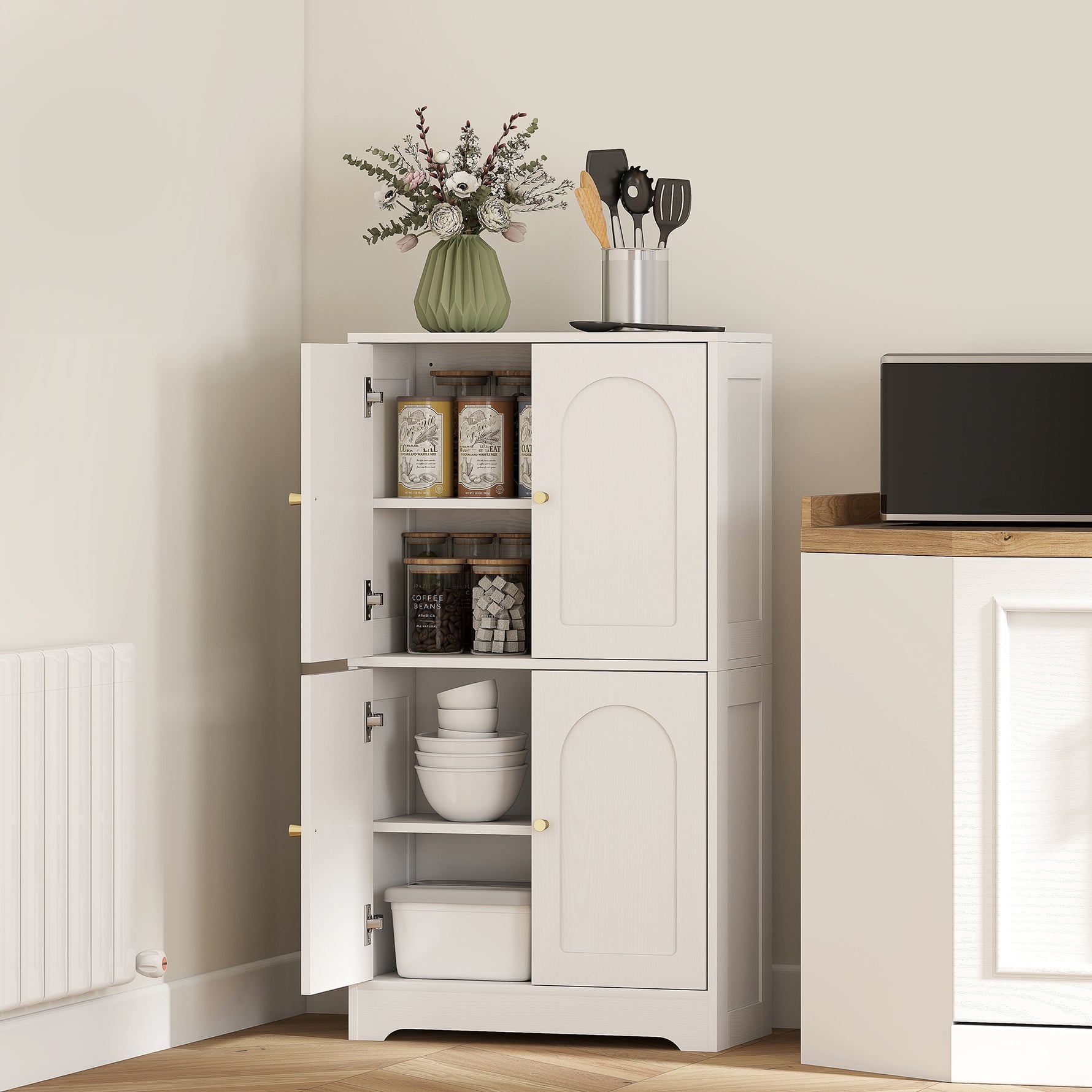 Buffet cuisine, meuble cuisine rangement avec 4 portes cintrées et 2 étagères réglables, 60 x 30 x 110 cm, blanc