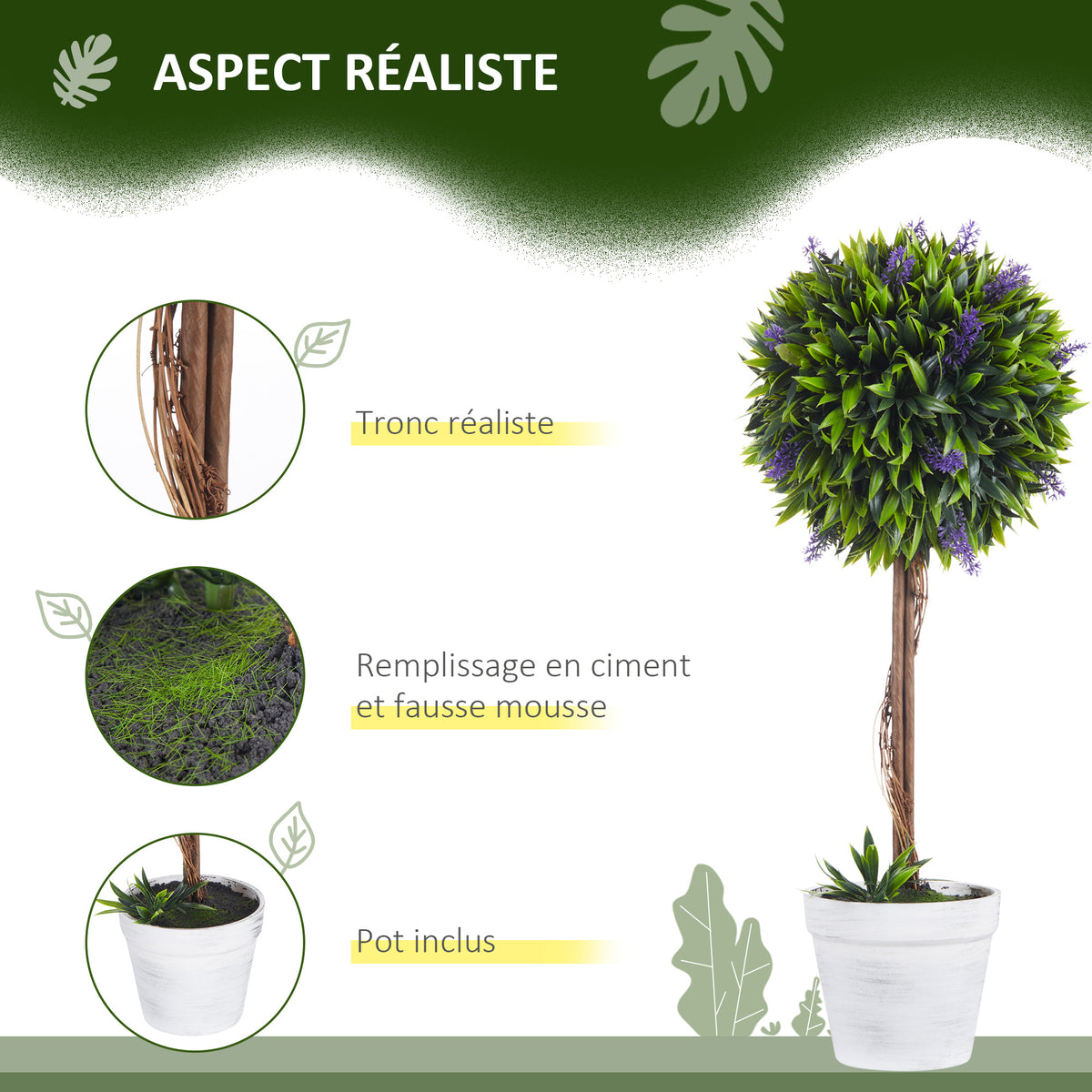 Lot de 2 plantes Artificielles avec fleurs de lavande, tronc et pot inclus - hauteur 60 cm vert
