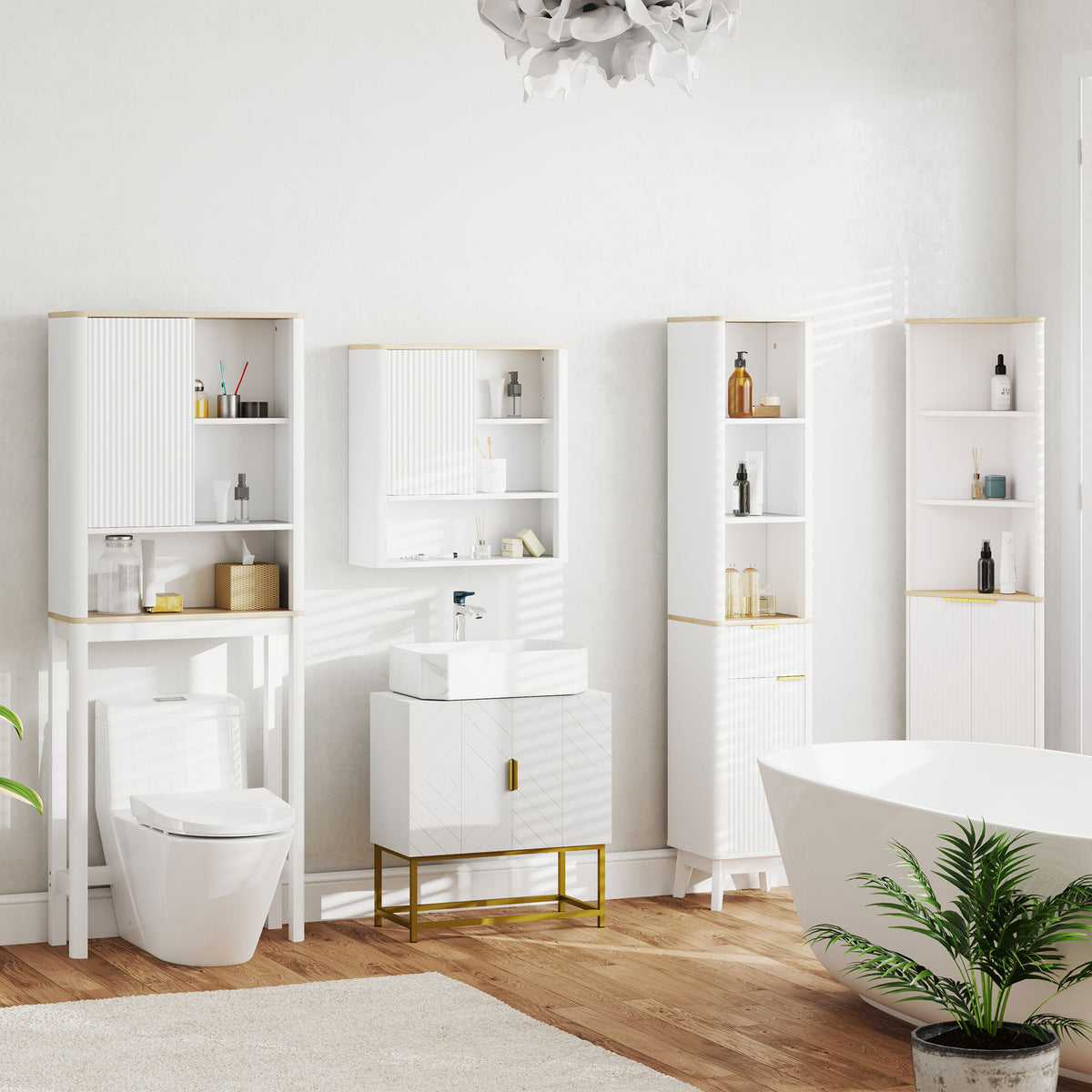 Meuble de rangement au-dessus des toilettes avec porte cannelée, compartiments, étagère réglable, 65x25x170cm, blanc
