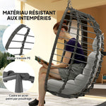 Fauteuil suspendu pliable en résine tressée avec support, coussin et oreiller hauteur réglable, gris
