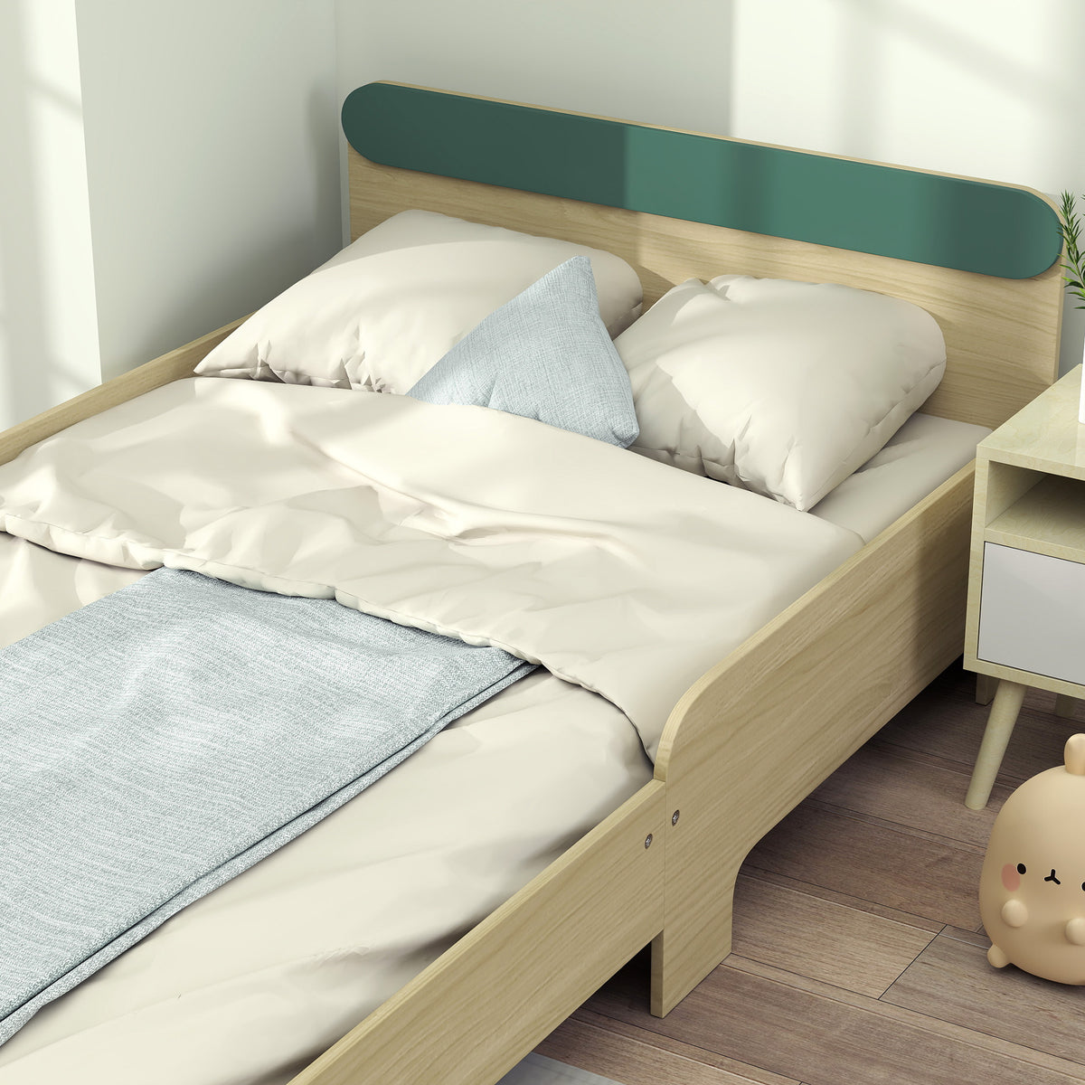 Cama infantil, cama de suelo para niños de 3 a 10 años con barrera de seguridad, somier de láminas incluido, verde