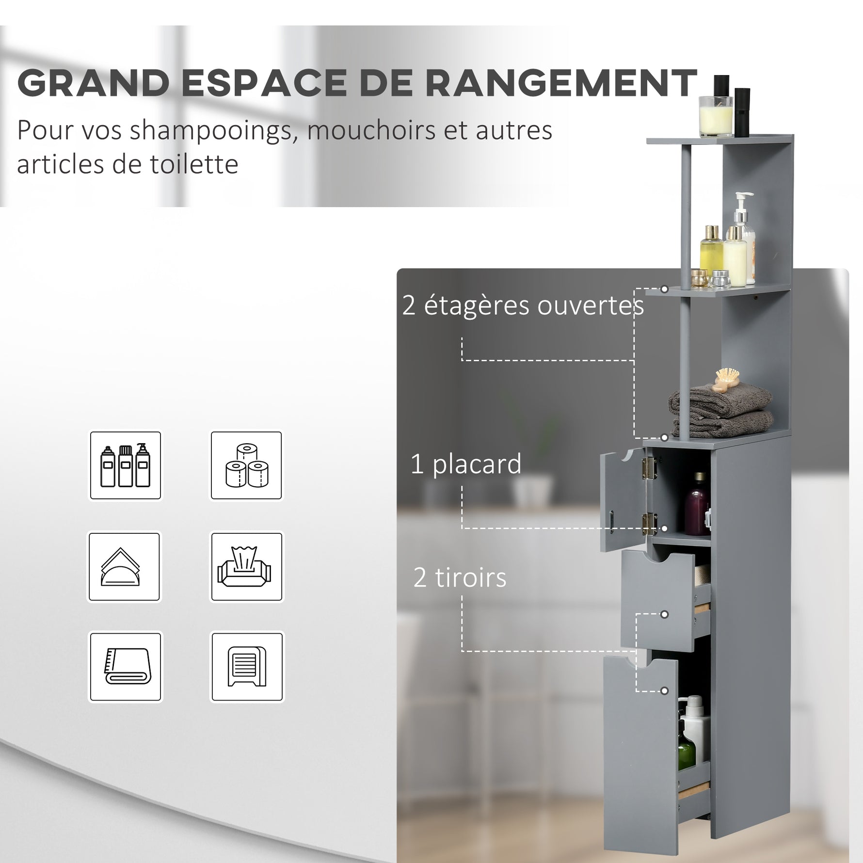 Meuble colonne salle de bain armoire de salle de bain avec tiroirs étagères ouvertes placard 15 x 33 x 136,8 cm gris