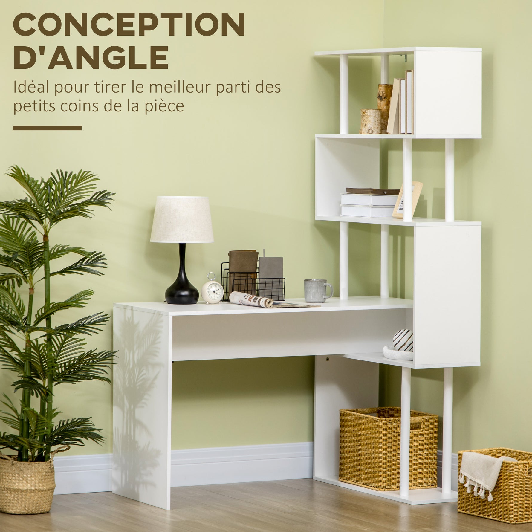 Bureau d'angle bureau informatique en forme de L avec étagères à 4 niveaux en bois 120 x 80 x 176 cm blanc