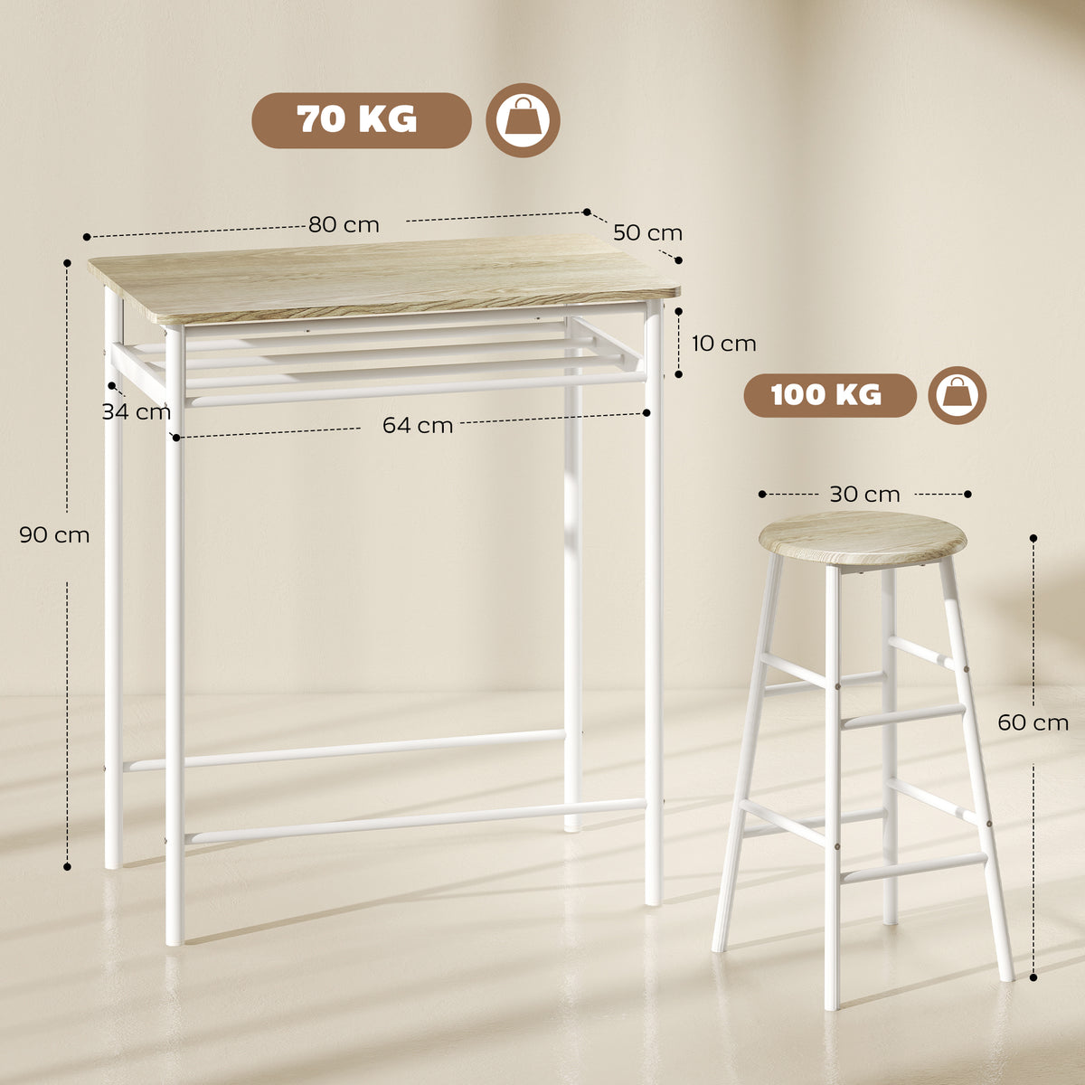 Ensemble table de bar avec tabourets, table à manger debout avec 2 chaises, étagère et pieds en métal, 80x50x90cm, blanc