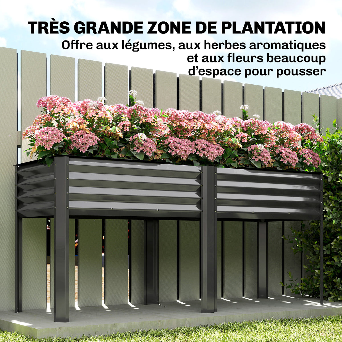 Potager sur Pieds en Métal, Jardinière Surélevée en Métal 241L avec Barres Renforcées et Tissu Non-Tissé, Gris Foncé-3