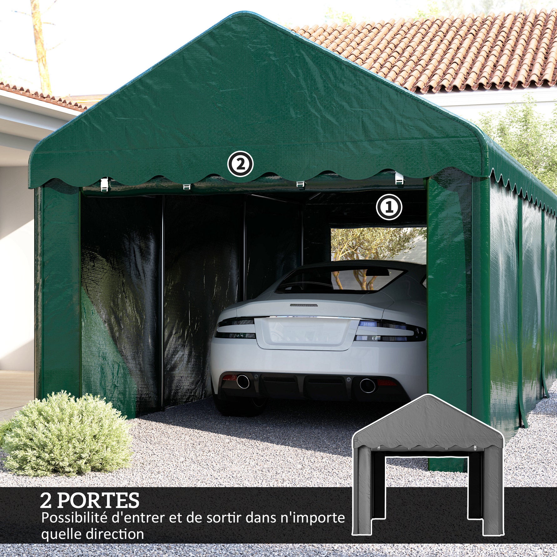 Tente garage carport 3 x 6m Auvent de voiture robuste avec 2 portes enroulables, toile 200g PE, vert
