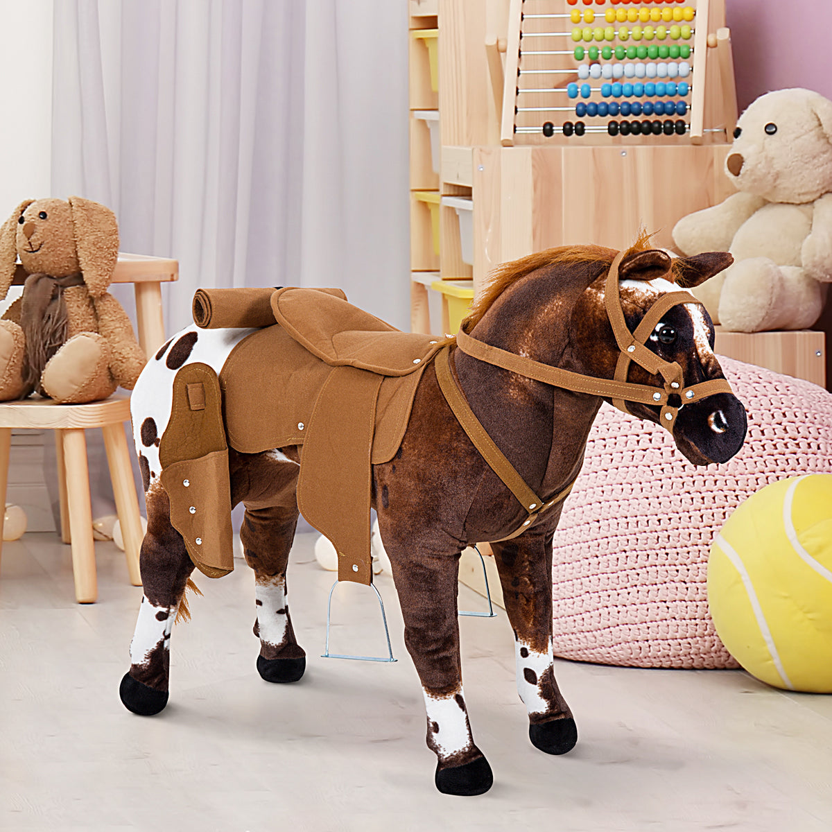 Cheval Debout en Peluche Effets sonores hennissement et Galop Selle étrier rênes 85L x 28l x 60H Marron Blanc