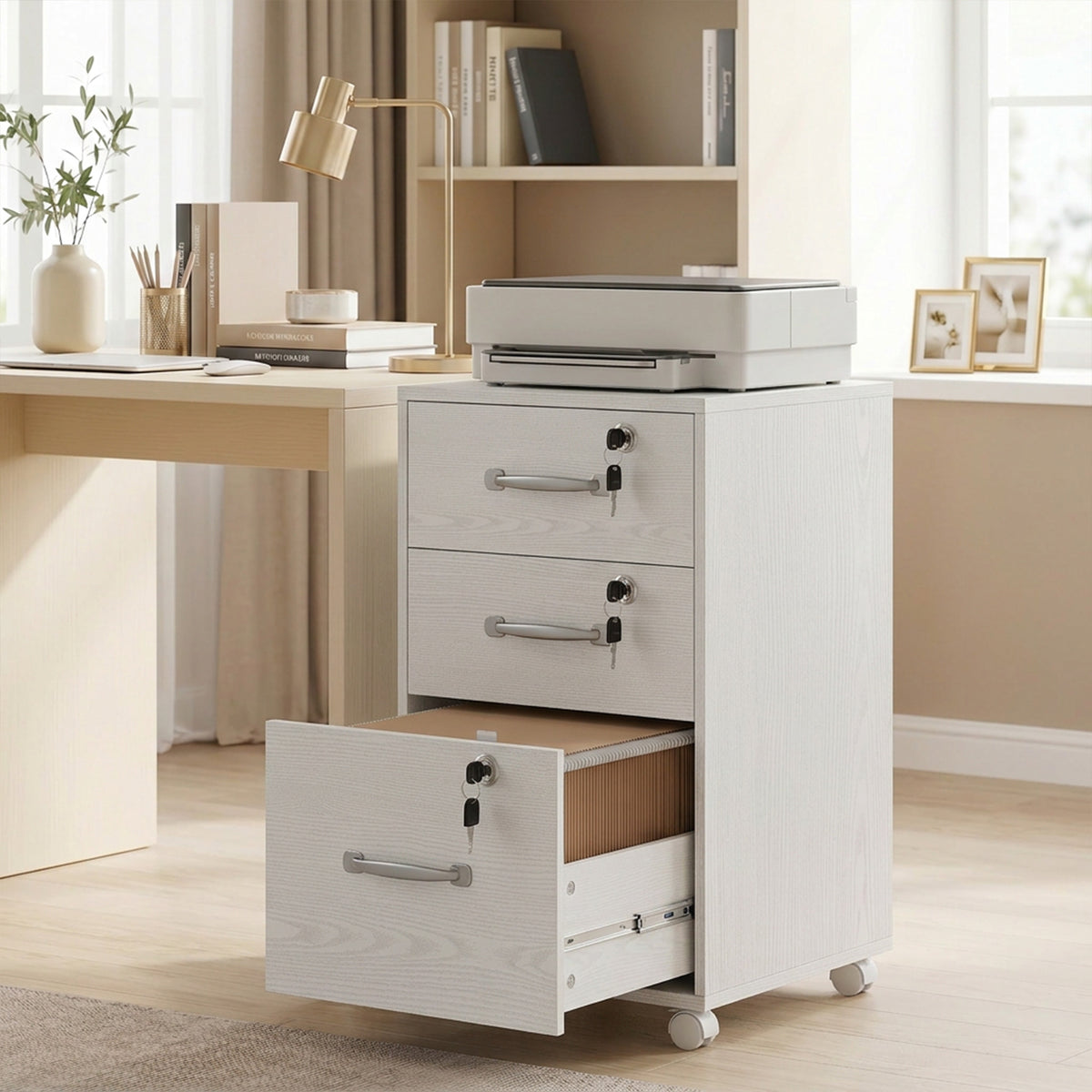 Caisson de Bureau Mobile avec 3 Tiroirs Verrouillables, Caisson de Rangement sur Roulettes, 40 x 40 x 69,5 cm, Blanc