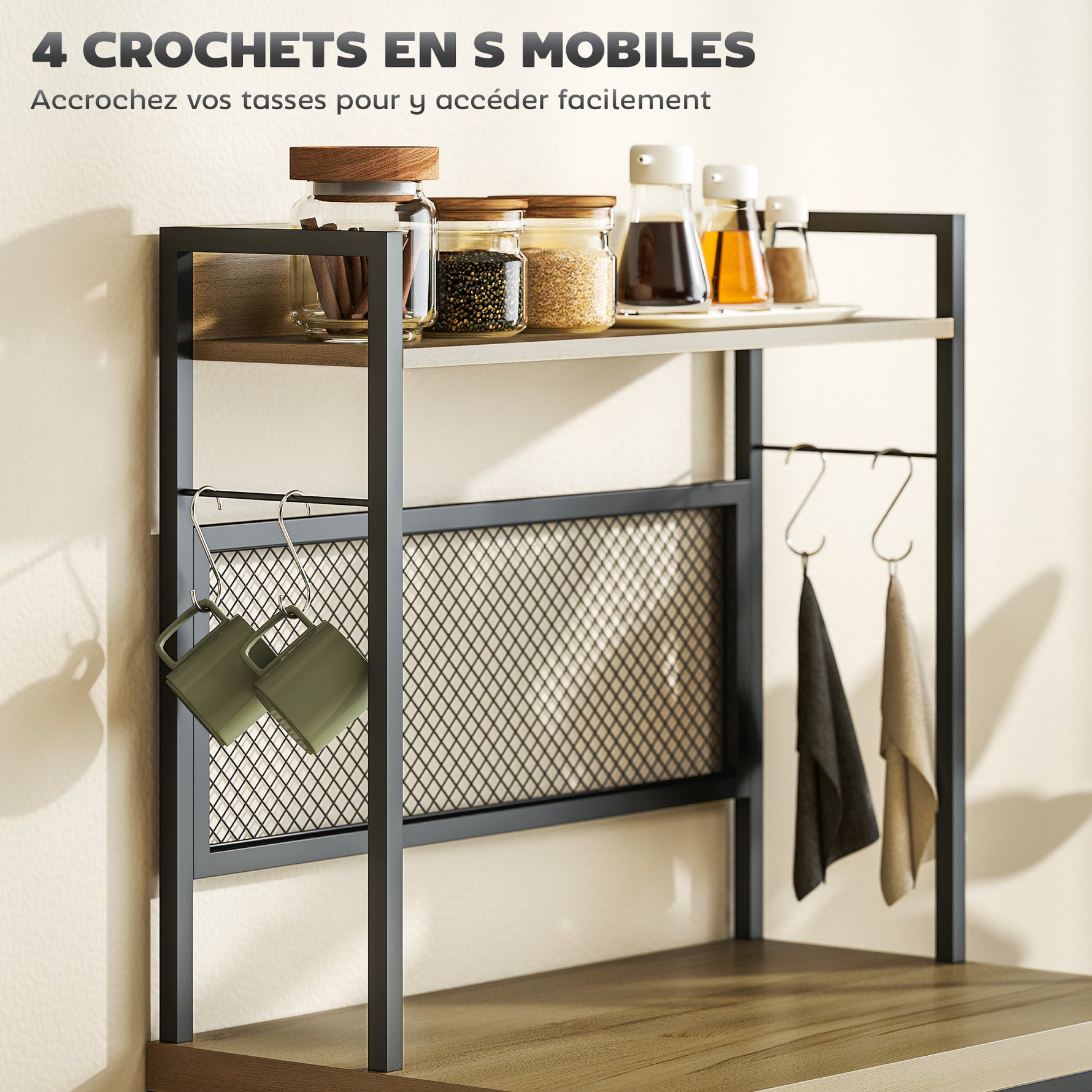 Armoire de cuisine style industriel avec 3 tiroirs, plan de travail, étagère et 4 crochets, 60x40x132cm