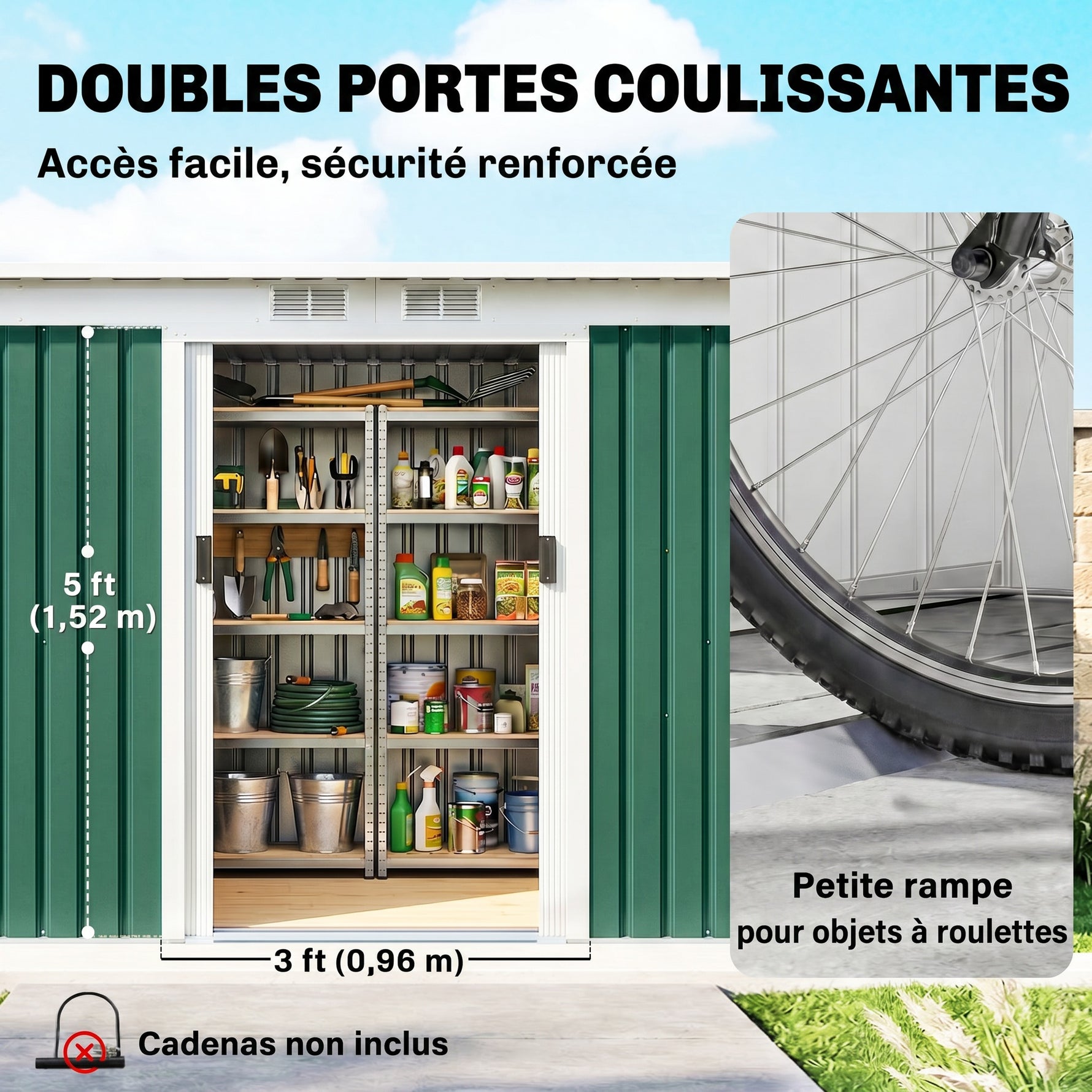 Abri de jardin 3,6 m² 280 x 130 x 172 cm kit de fondation porte coulissante ventilations acier galvanisé vert foncé