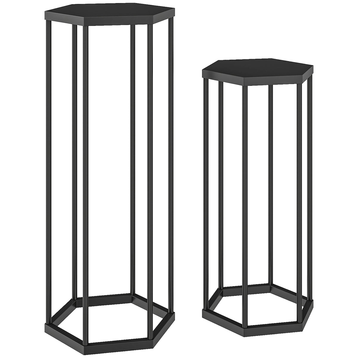 Set di 2 supporti per piante, sgabello esagonale in metallo per fiori, per interni ed esterni, nero