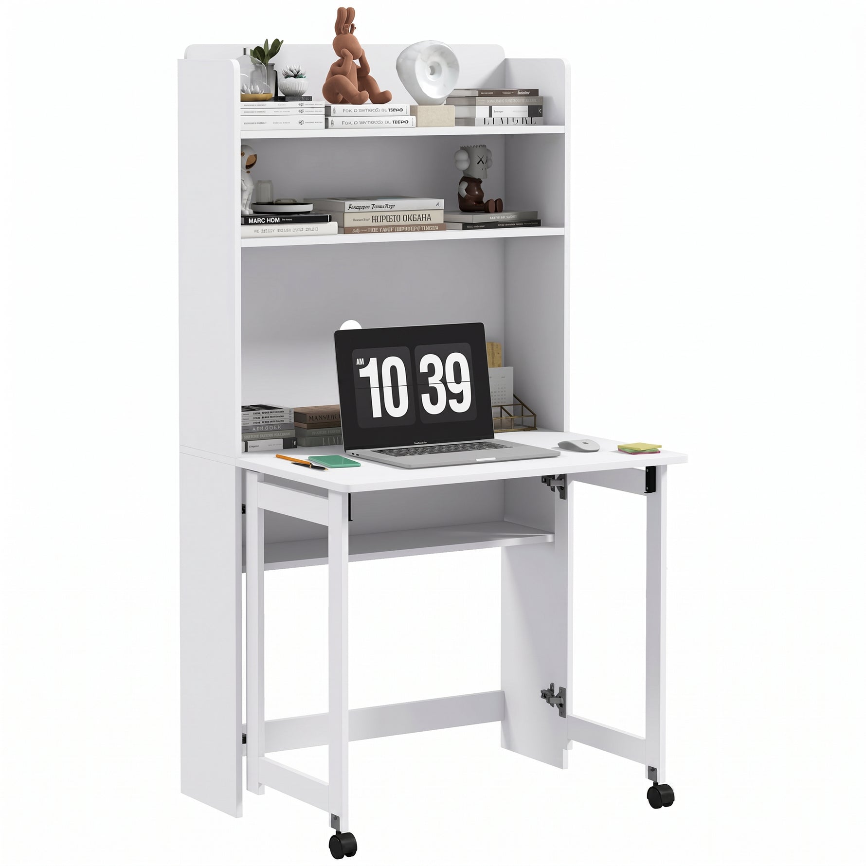 Bureau informatique avec étagères de rangement plateau rabattable 2 roulettes pour chambre salon 80 x 69 x 155 cm blanc