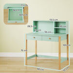 Bureau enfant en bois, bureau avec rangement, 2 tiroirs et 3 compartiments ouverts, plateau large, 90x52x105cm, vert