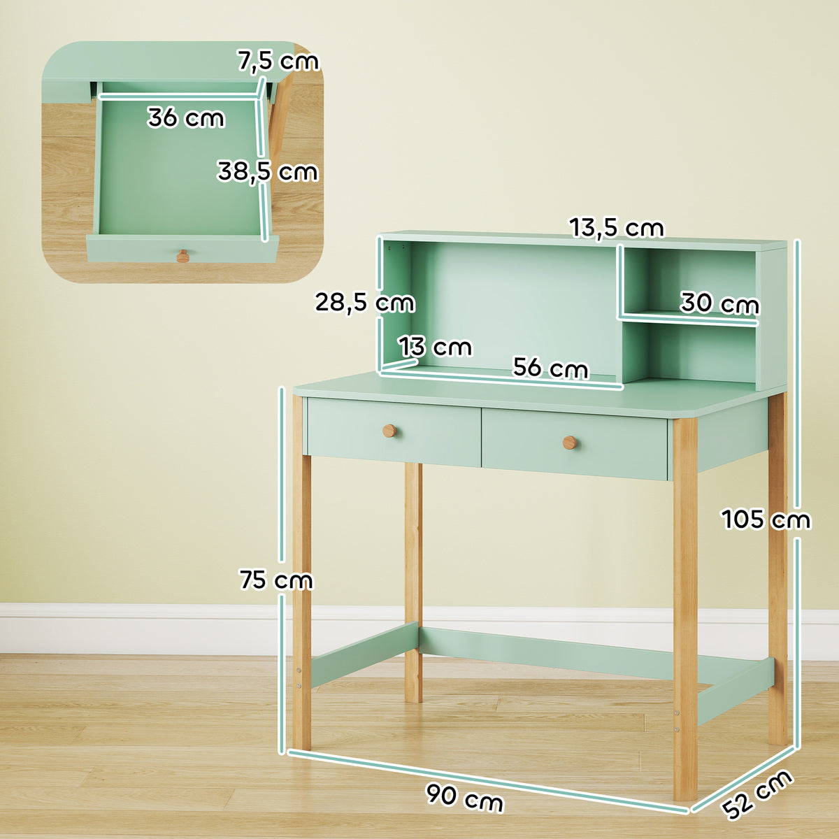 Bureau enfant en bois, bureau avec rangement, 2 tiroirs et 3 compartiments ouverts, plateau large, 90x52x105cm, vert