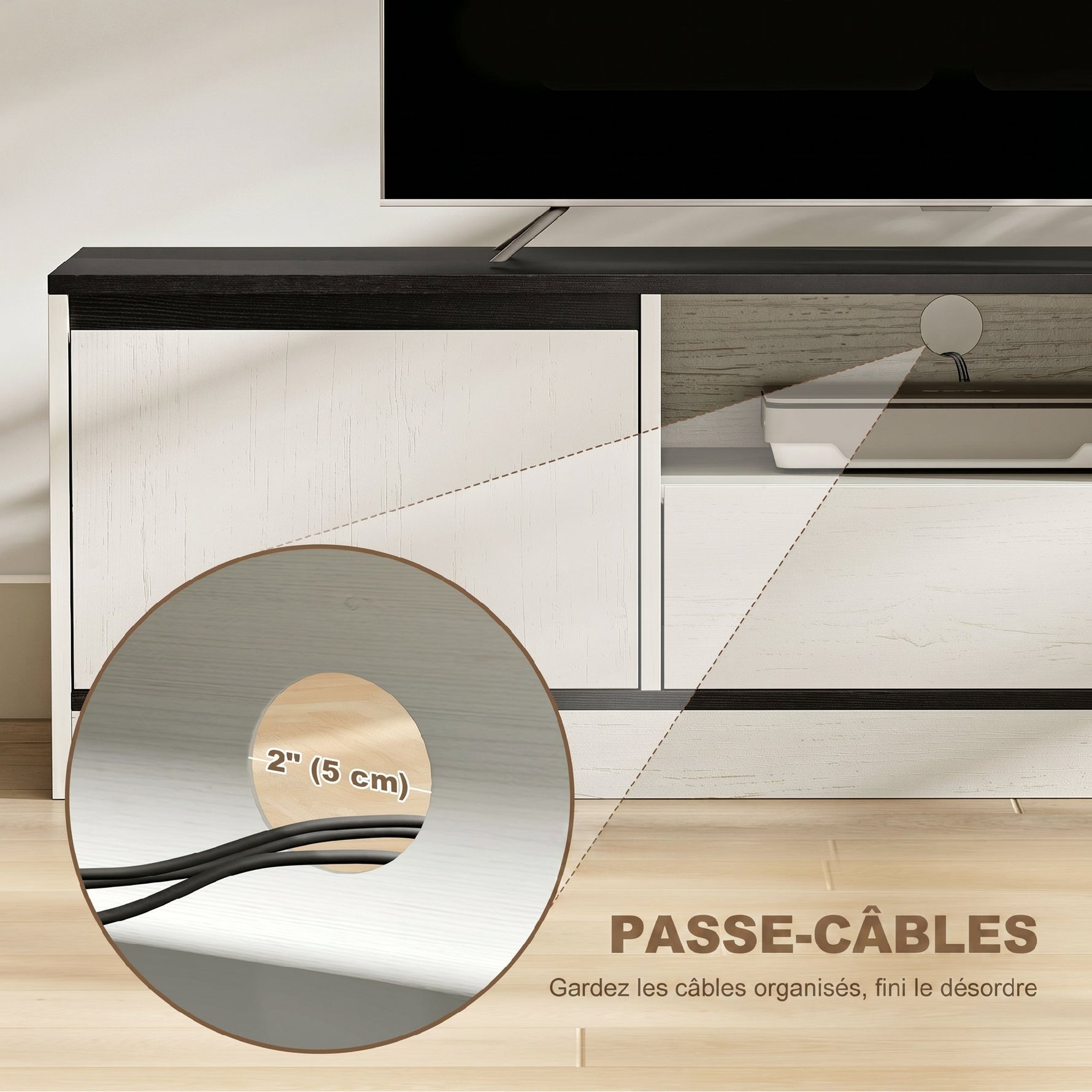 Meuble TV pour Télévision jusqu'à 60" avec 2 Armoires, 1 Étagère Ouverte, 1 Tiroir, Moderne, 140x35x40cm, Noir et Blanc
