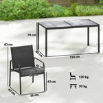 Salon de Jardin Extérieur pour 6 Personnes, Table de Patio Effet Bois et Chaises avec Assise en Maille Respirante, Cadre en Acier Galvanisé, Noir